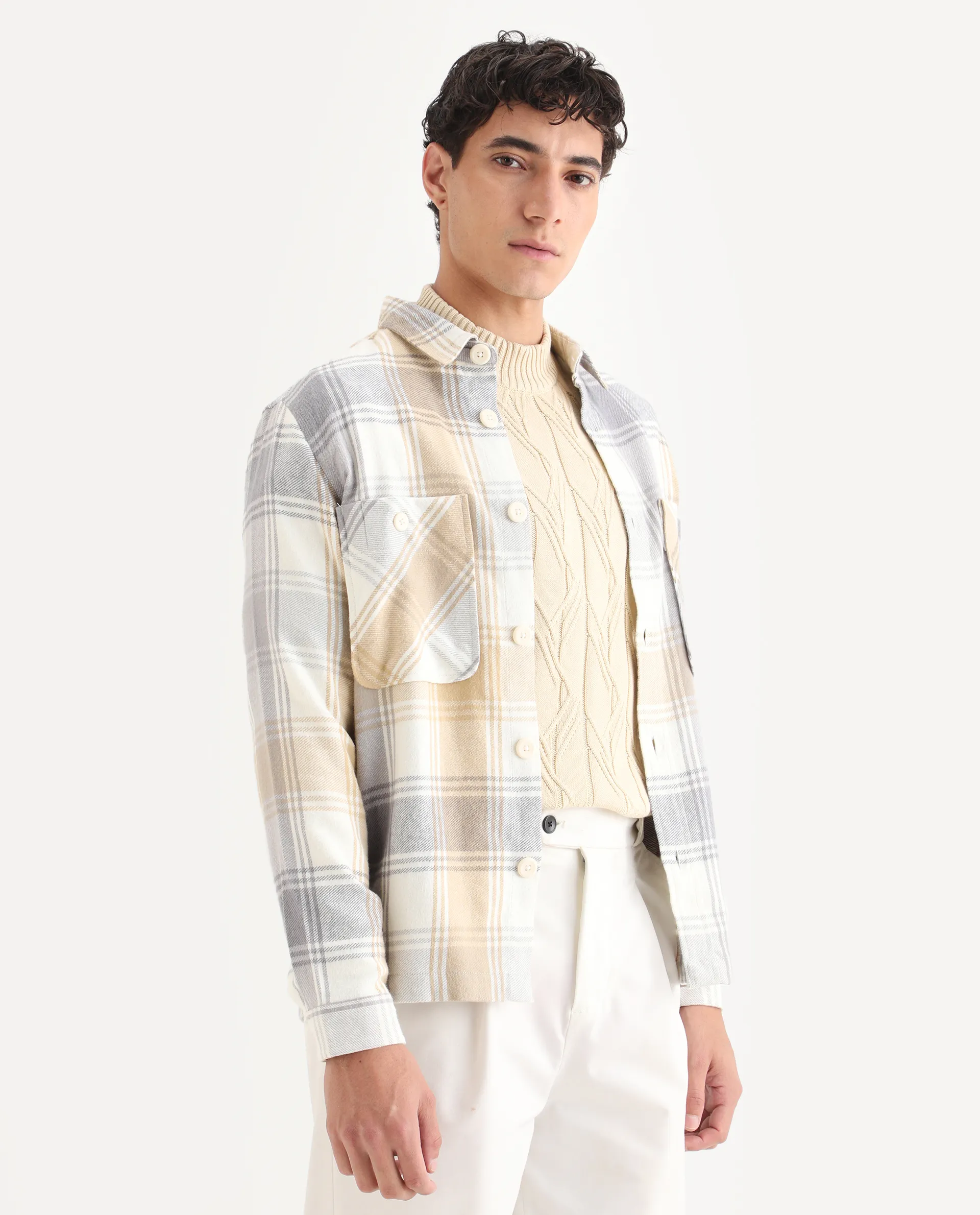 Rare Rabbit Men's Netsk Beige Acrylic Blend Checked Print Regular Fit Full Sleeve Collared Shacket - Image 5