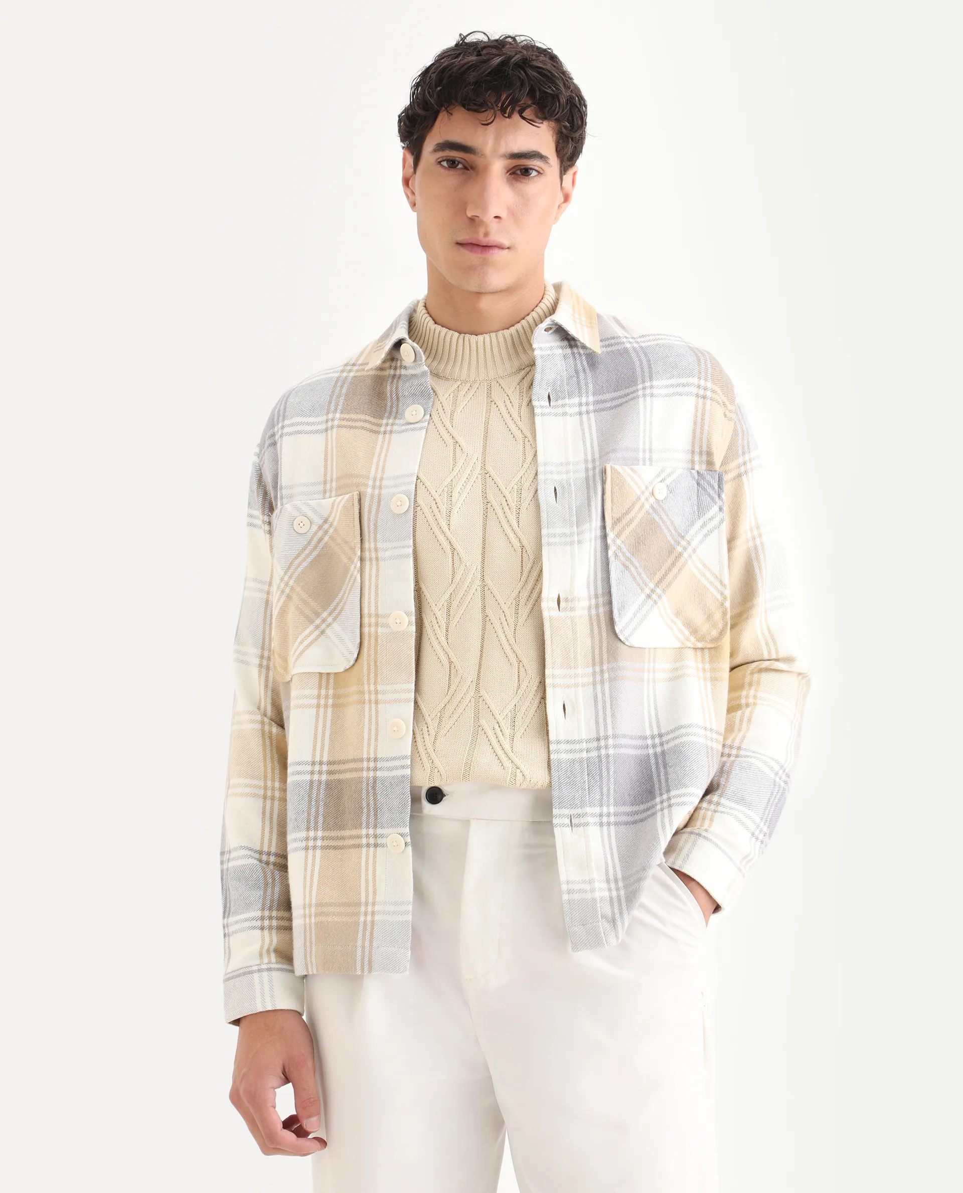 Rare Rabbit Men's Netsk Beige Acrylic Blend Checked Print Regular Fit Full Sleeve Collared Shacket - Image 6