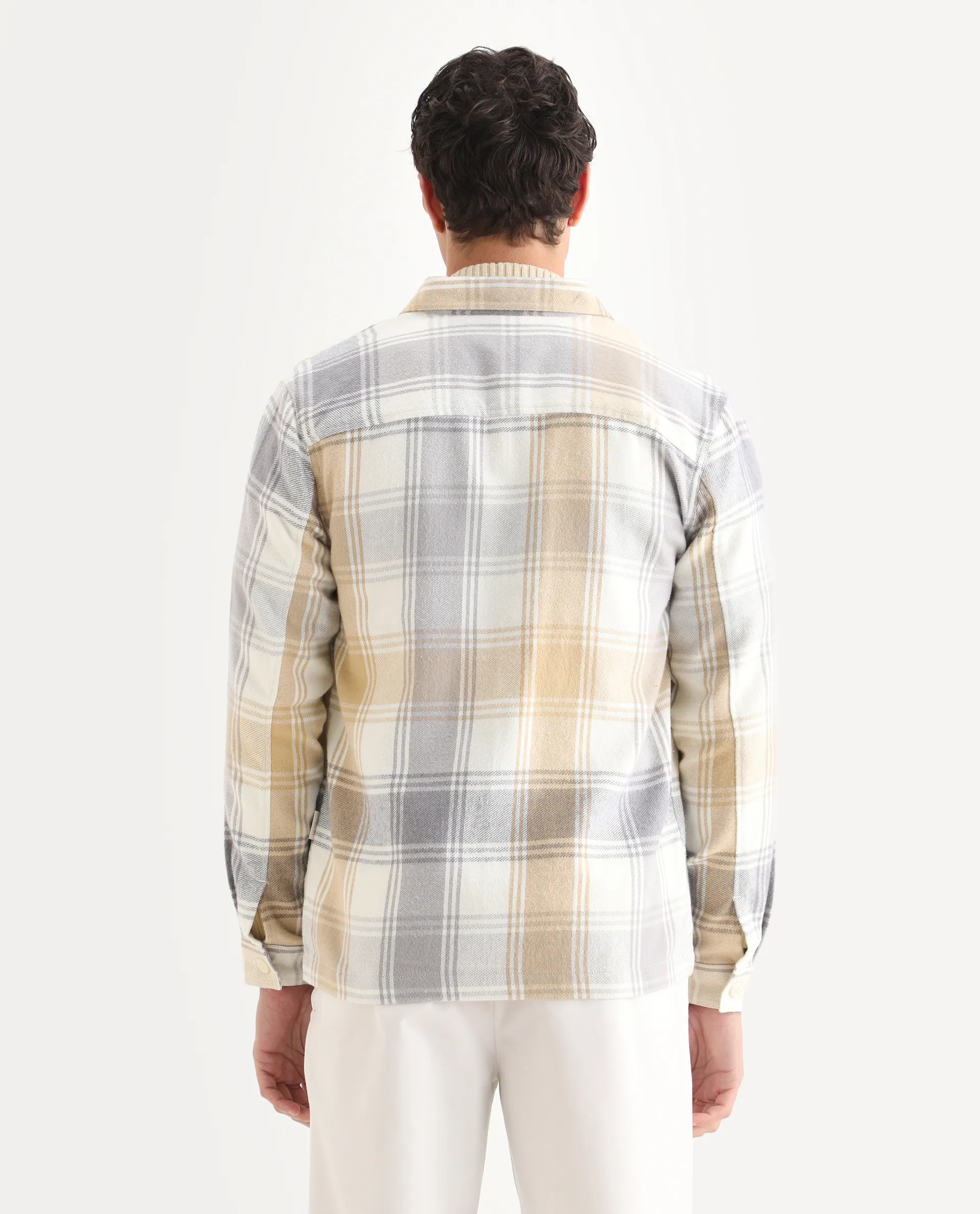 Rare Rabbit Men's Netsk Beige Acrylic Blend Checked Print Regular Fit Full Sleeve Collared Shacket - Image 7