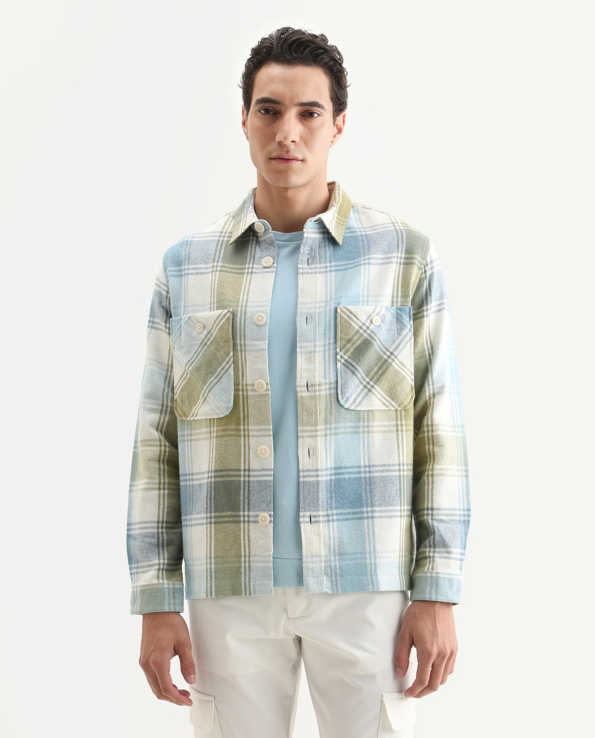 Rare Rabbit Men's Cotton Checked Print Regular Fit Full Sleeve Collared Shacket
