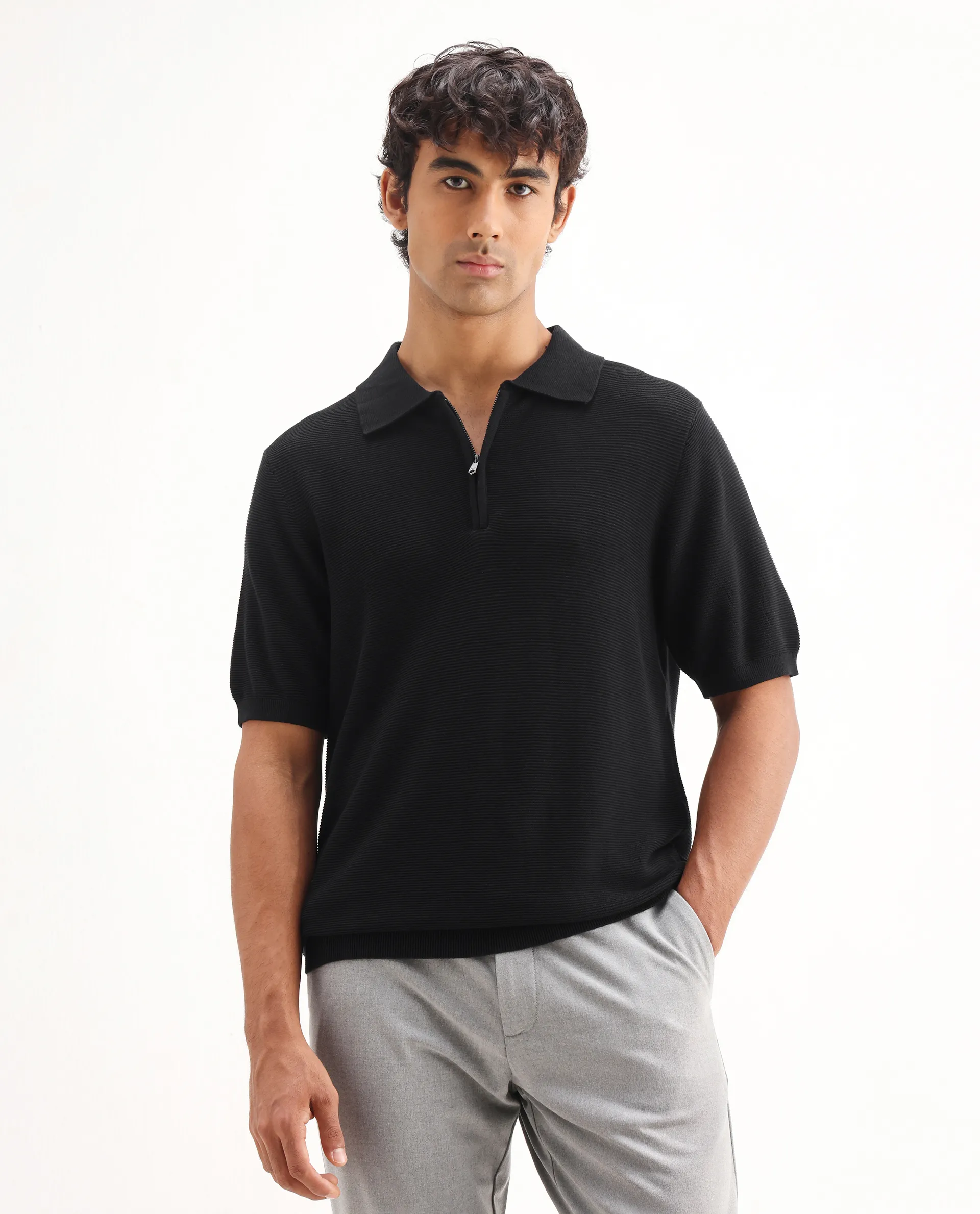 Rare Rabbit Men's Nett Black Cotton Plain Regular Fit Half Sleeve Polo - Image 4