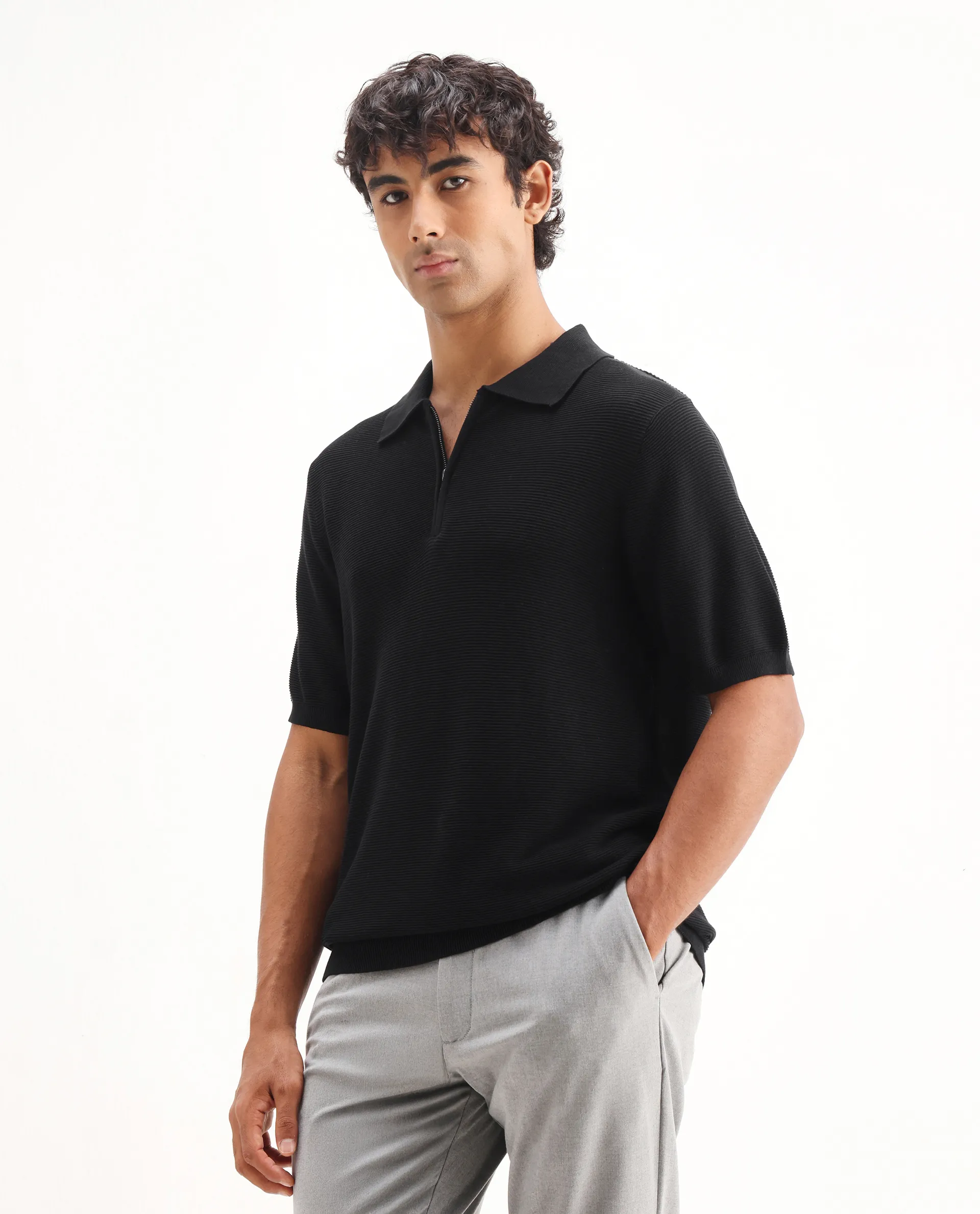 Rare Rabbit Men's Nett Black Cotton Plain Regular Fit Half Sleeve Polo - Image 5