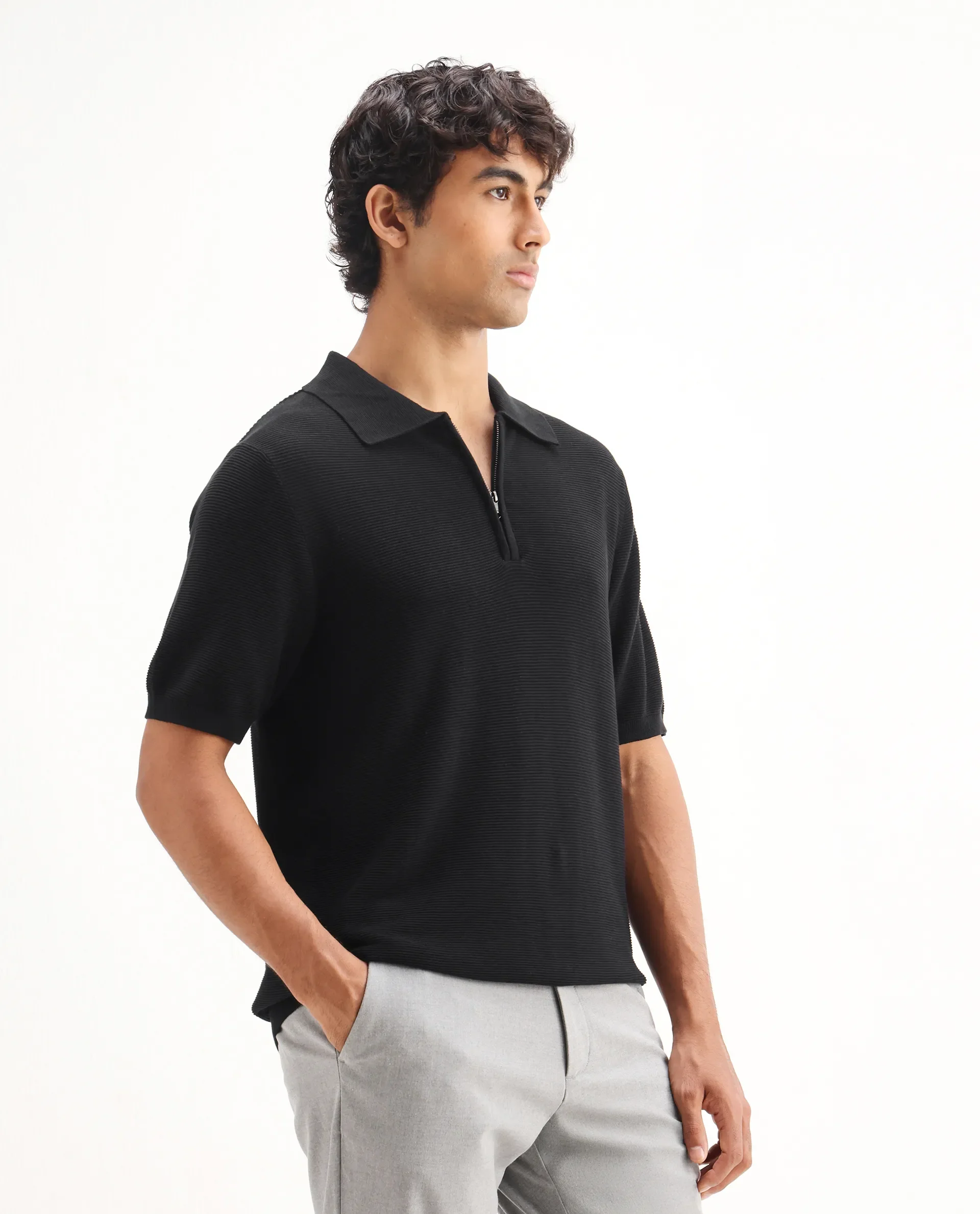Rare Rabbit Men's Nett Black Cotton Plain Regular Fit Half Sleeve Polo - Image 6