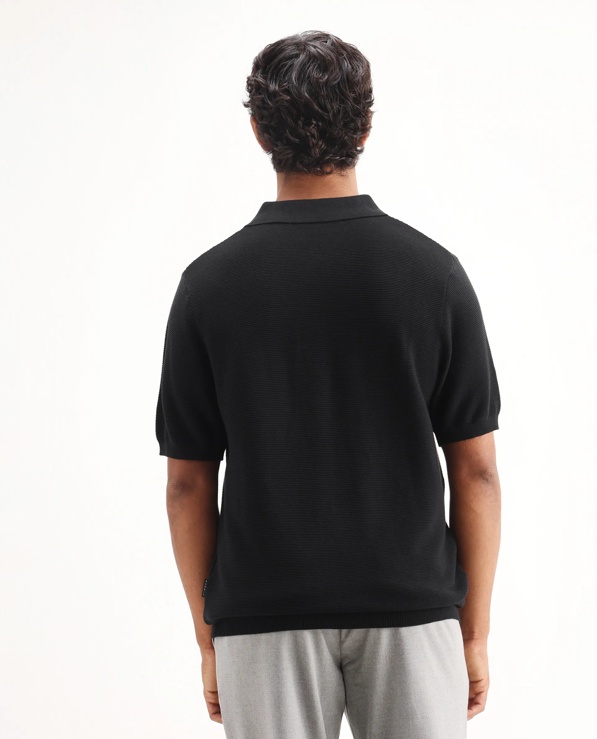 Rare Rabbit Men's Nett Black Cotton Plain Regular Fit Half Sleeve Polo - Image 7