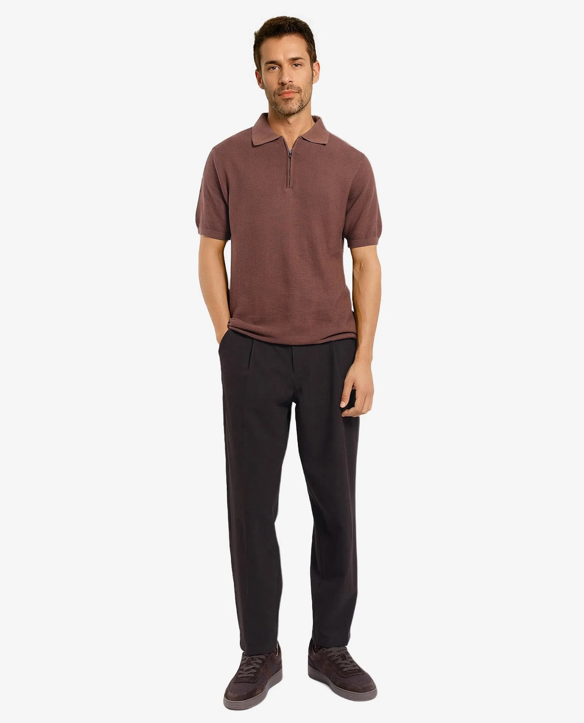Rare Rabbit Men's Nett Brown Cotton Plain Regular Fit Half Sleeve Polo - Image 2