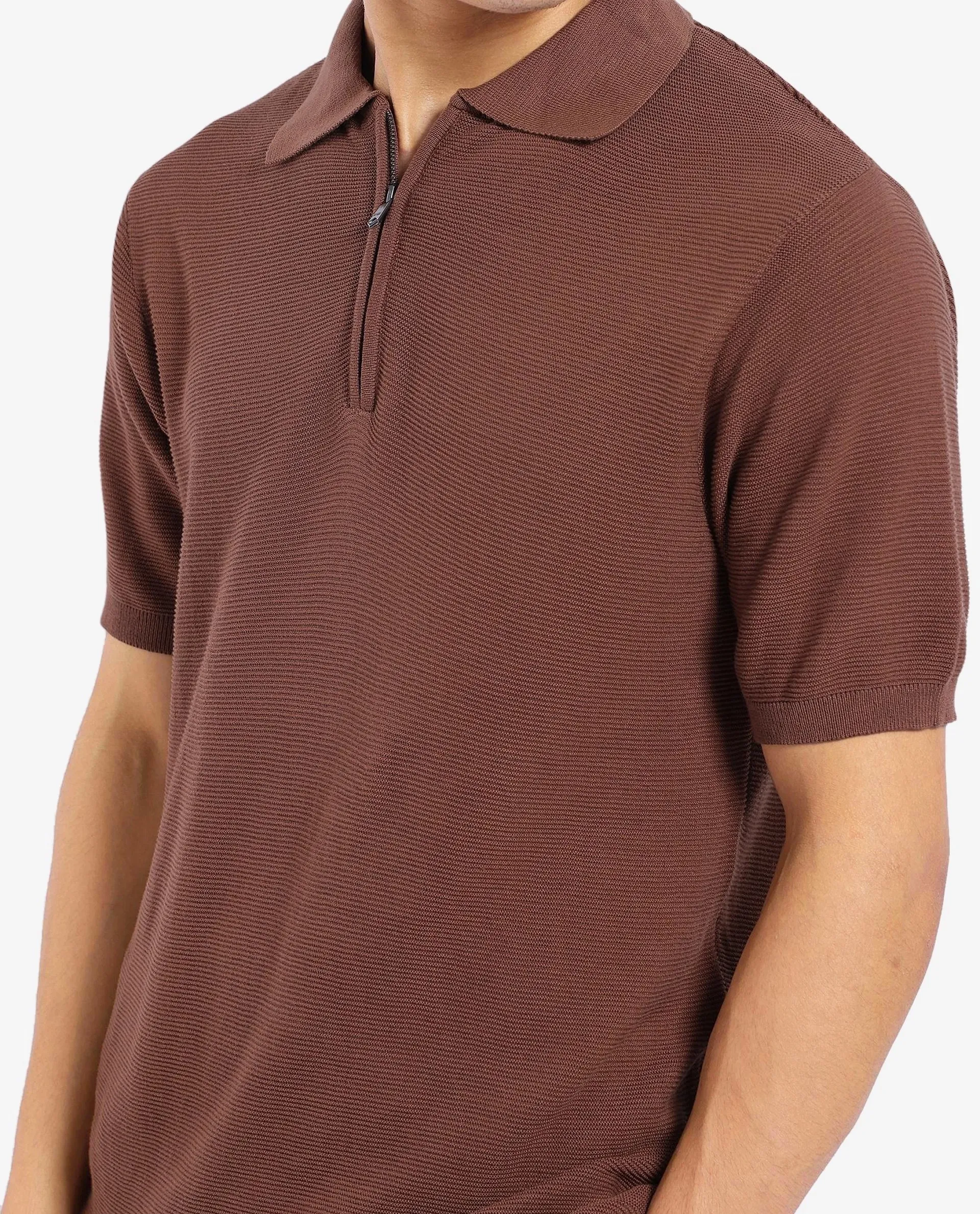 Rare Rabbit Men's Nett Brown Cotton Plain Regular Fit Half Sleeve Polo - Image 3