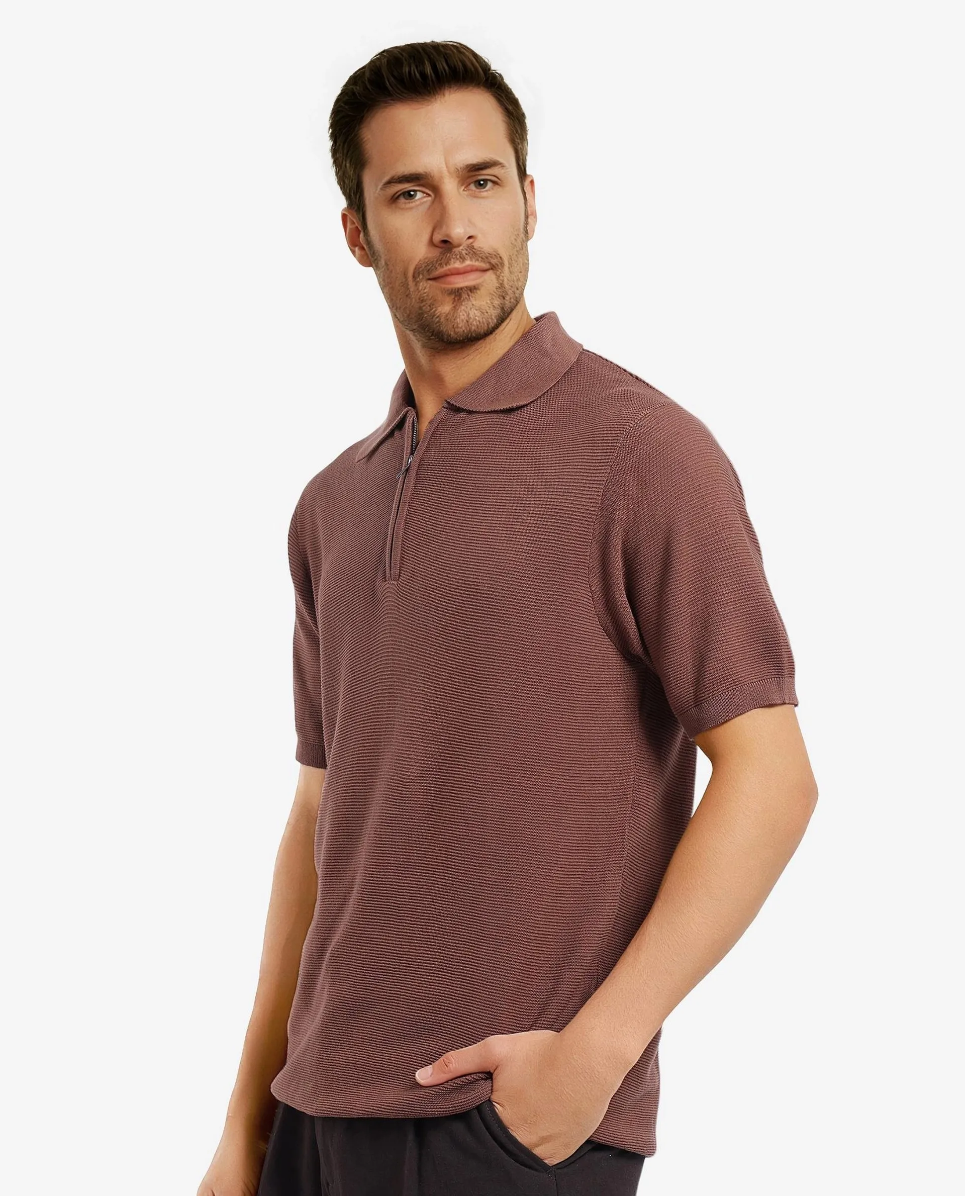 Rare Rabbit Men's Nett Brown Cotton Plain Regular Fit Half Sleeve Polo - Image 5