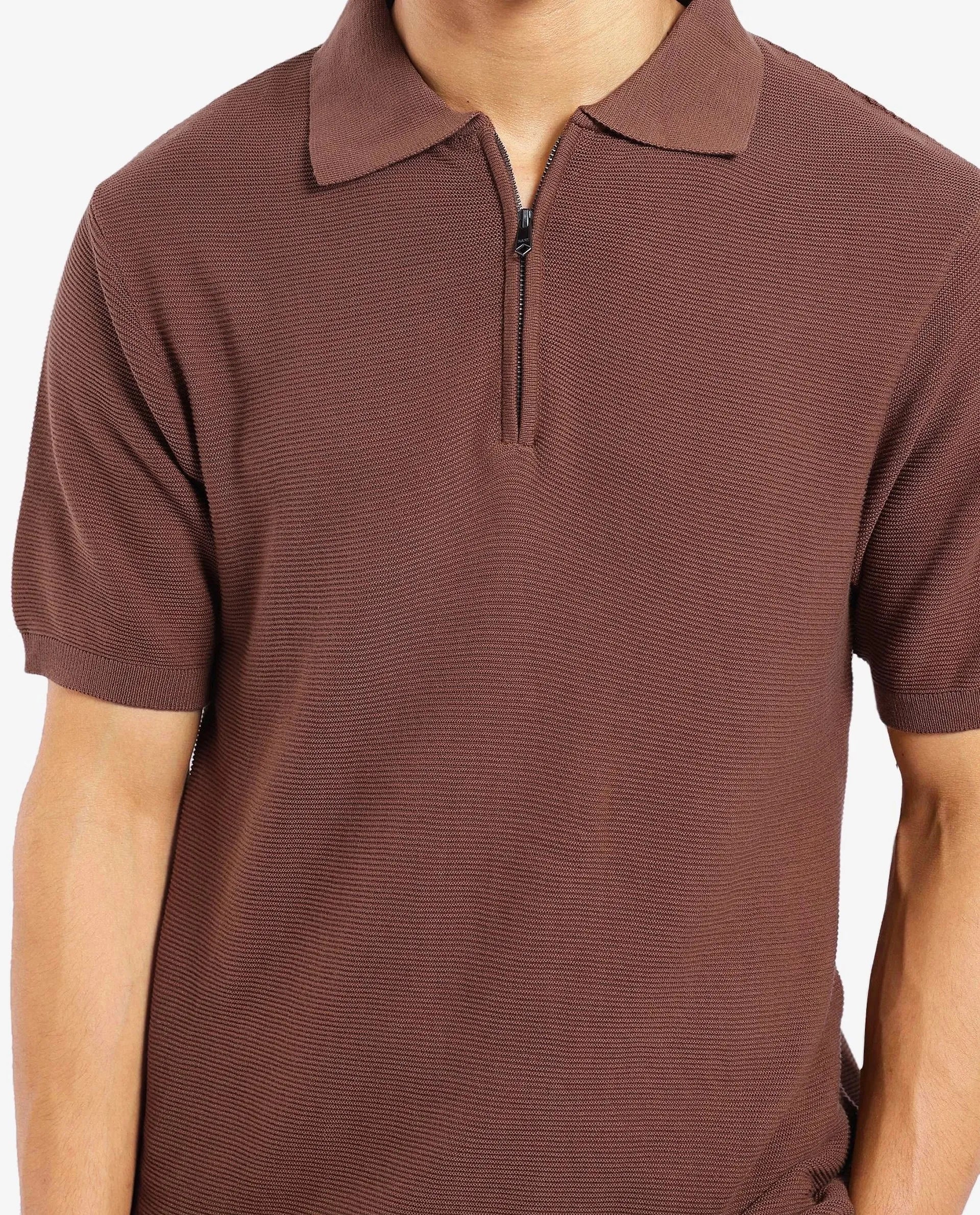 Rare Rabbit Men's Nett Brown Cotton Plain Regular Fit Half Sleeve Polo - Image 7