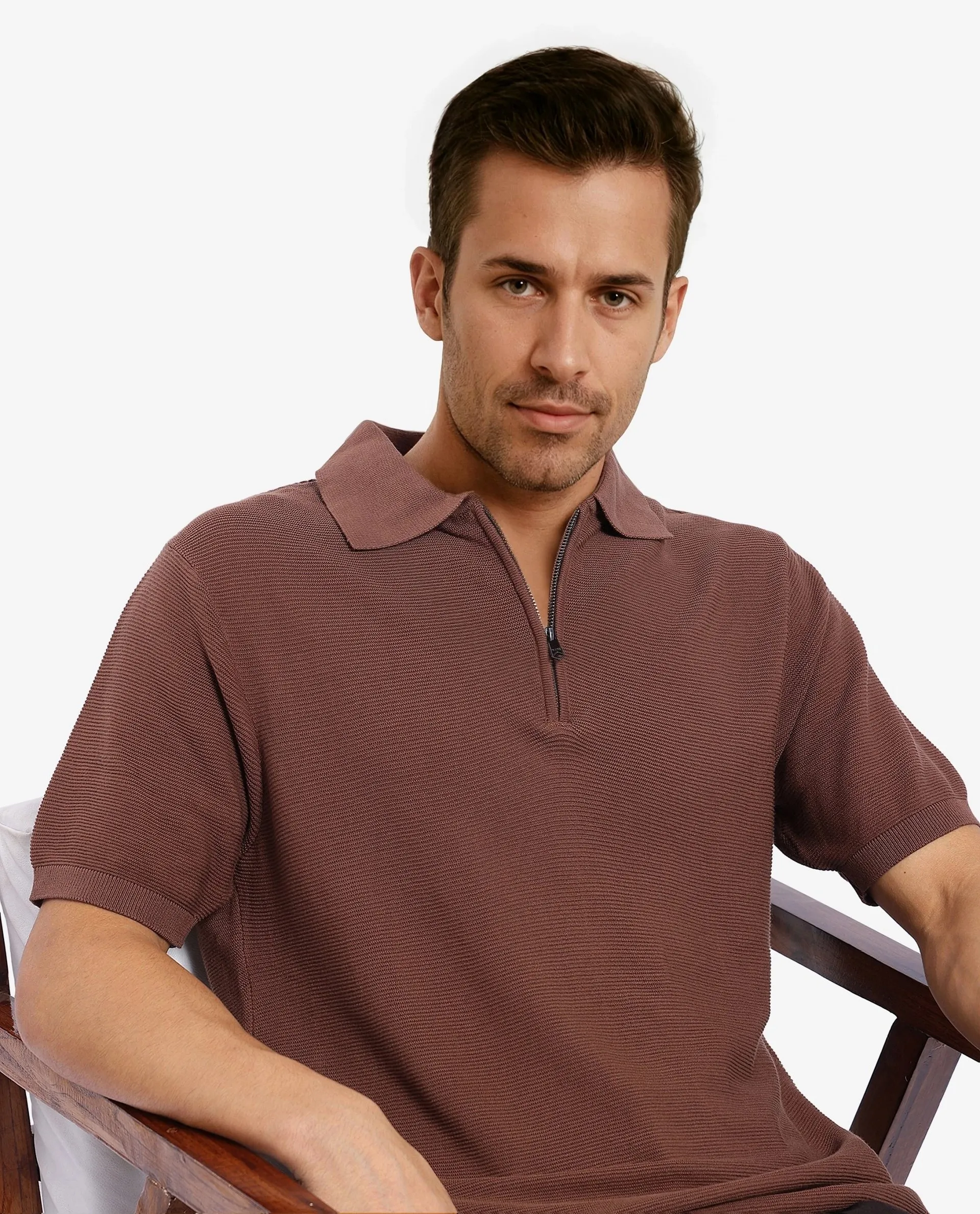 Rare Rabbit Men's Nett Brown Cotton Plain Regular Fit Half Sleeve Polo - Image 8