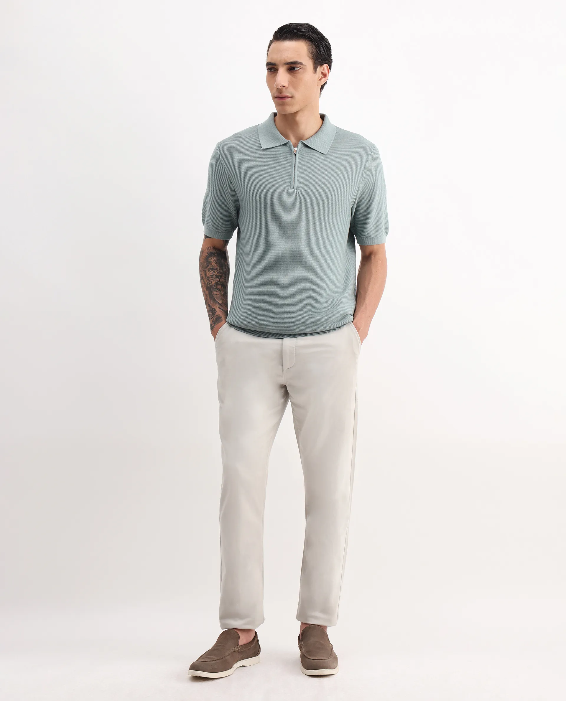 Rare Rabbit Men's Nett Dusky Green Cotton Plain Regular Fit Half Sleeve Polo - Image 2