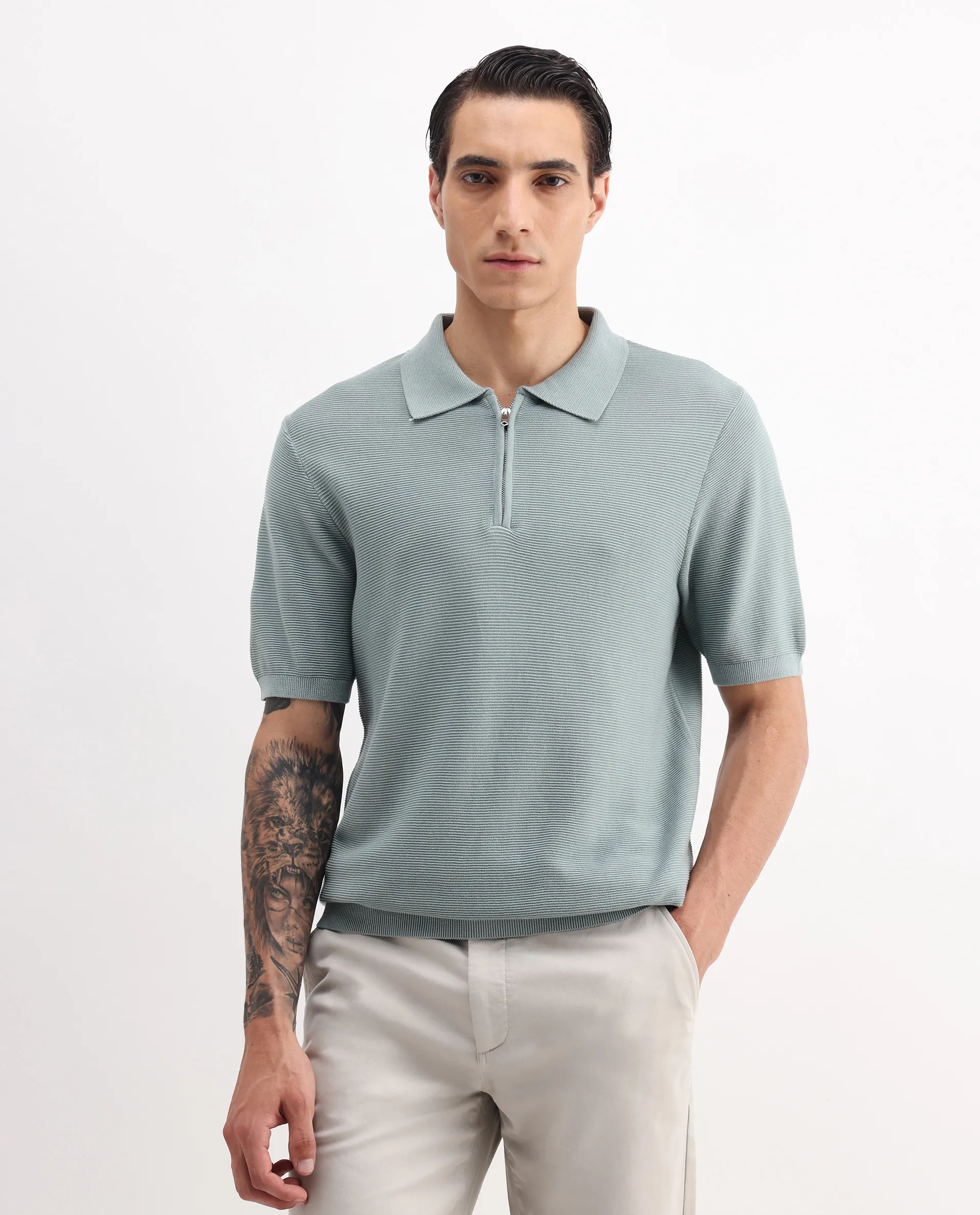 Rare Rabbit Men's Nett Dusky Green Cotton Plain Regular Fit Half Sleeve Polo - Image 4