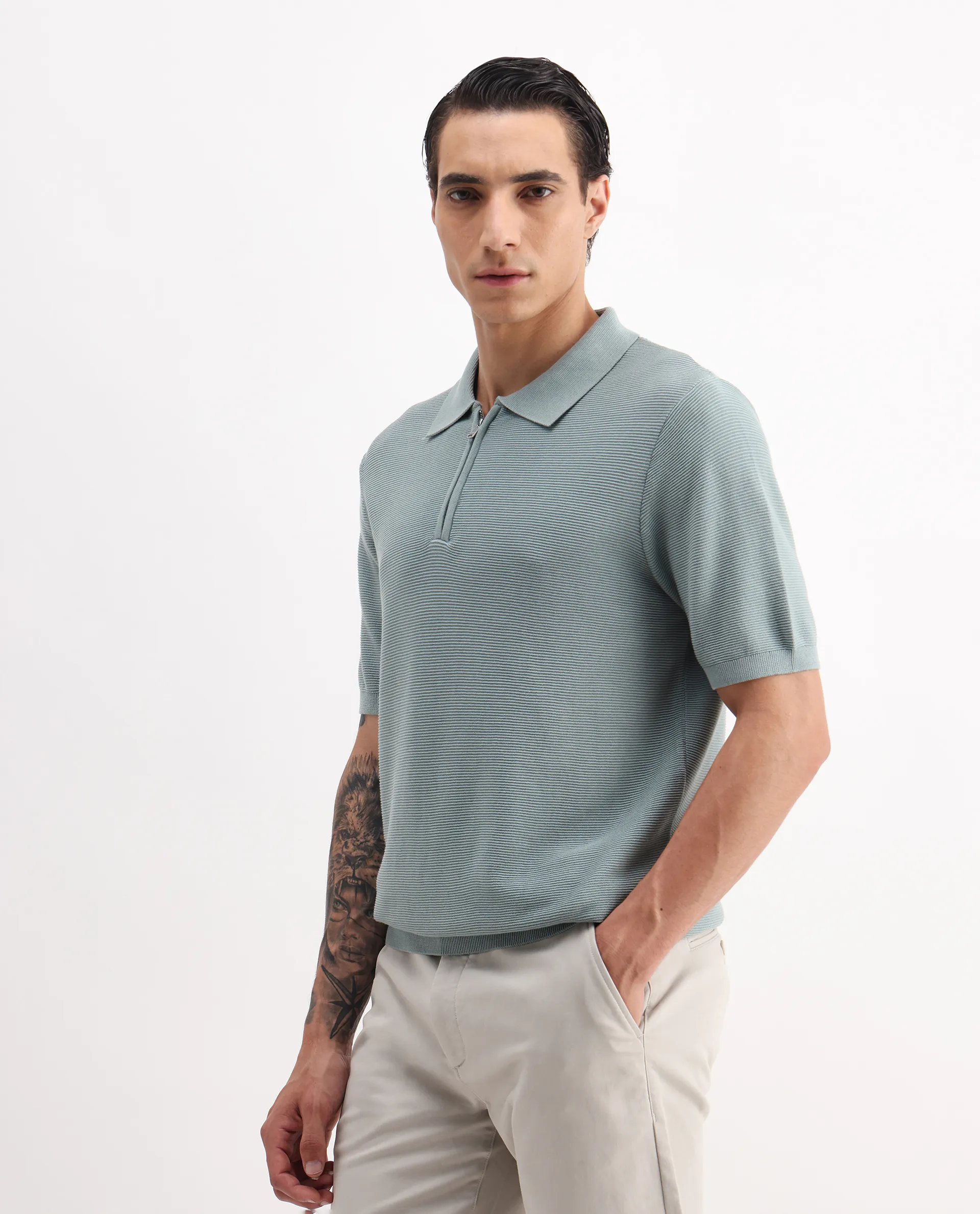 Rare Rabbit Men's Nett Dusky Green Cotton Plain Regular Fit Half Sleeve Polo - Image 5