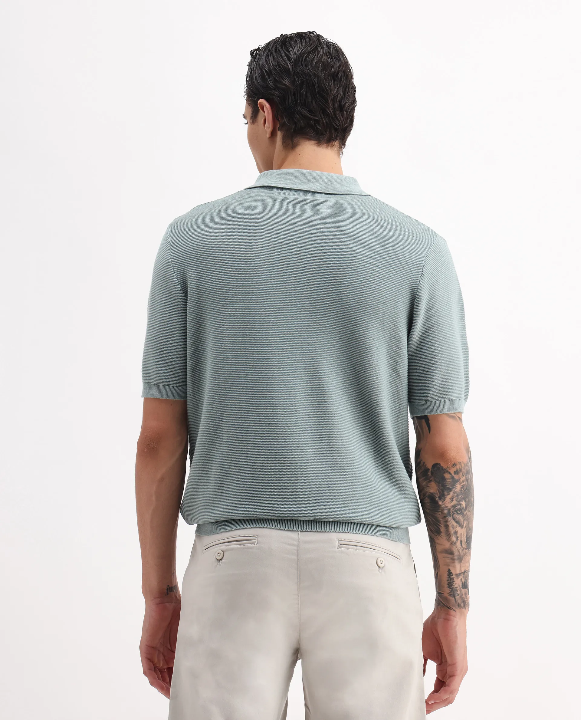 Rare Rabbit Men's Nett Dusky Green Cotton Plain Regular Fit Half Sleeve Polo - Image 7