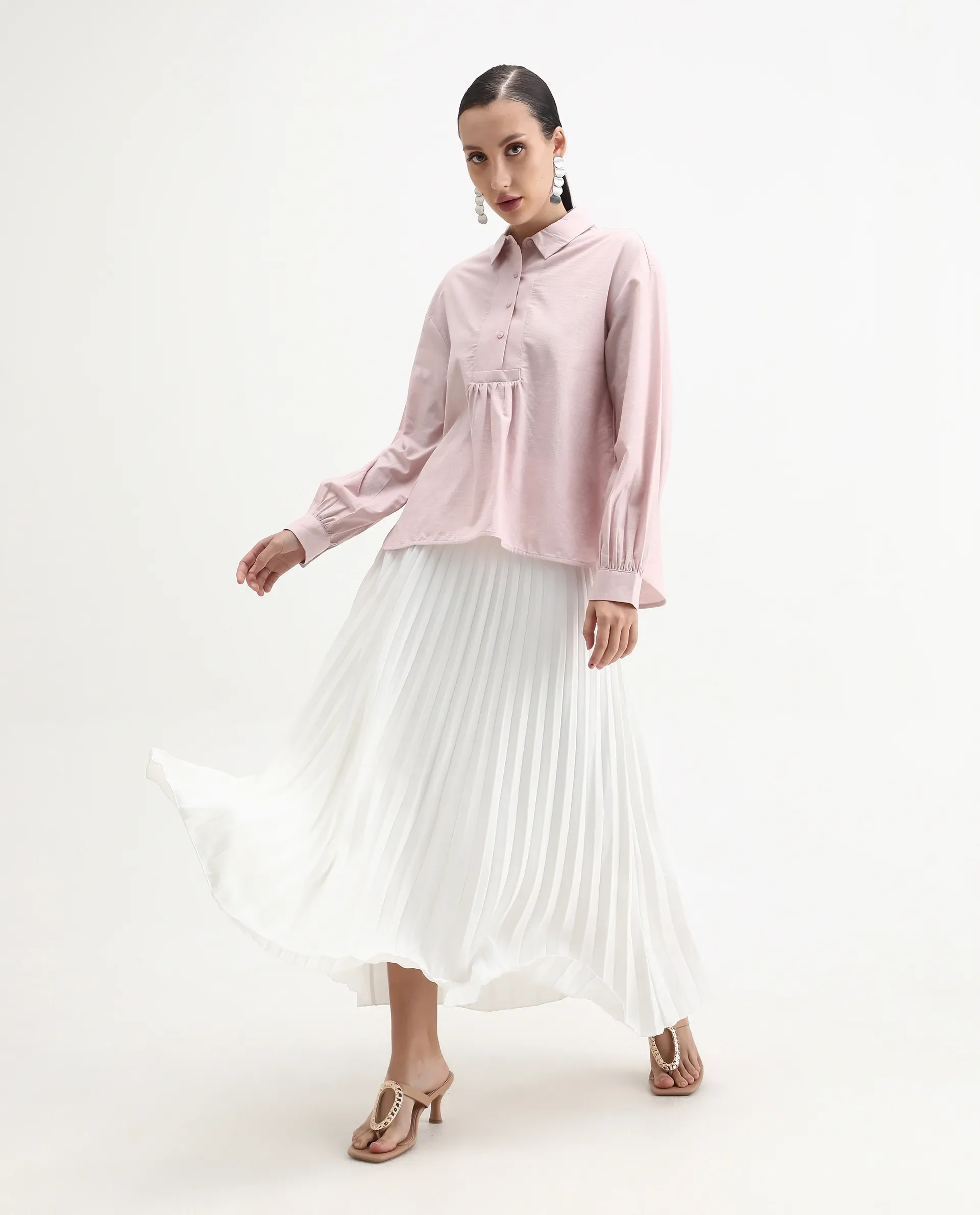 Rareism Women's Netto Pastel Pink Cotton Bishop Sleeve Collared Neck Relaxed Fit Plain Top - Image 2