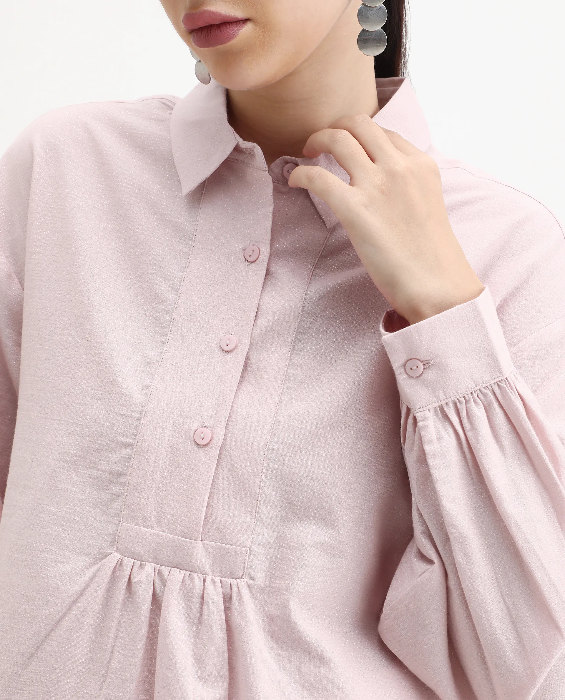 Rareism Women's Netto Pastel Pink Cotton Bishop Sleeve Collared Neck Relaxed Fit Plain Top - Image 3