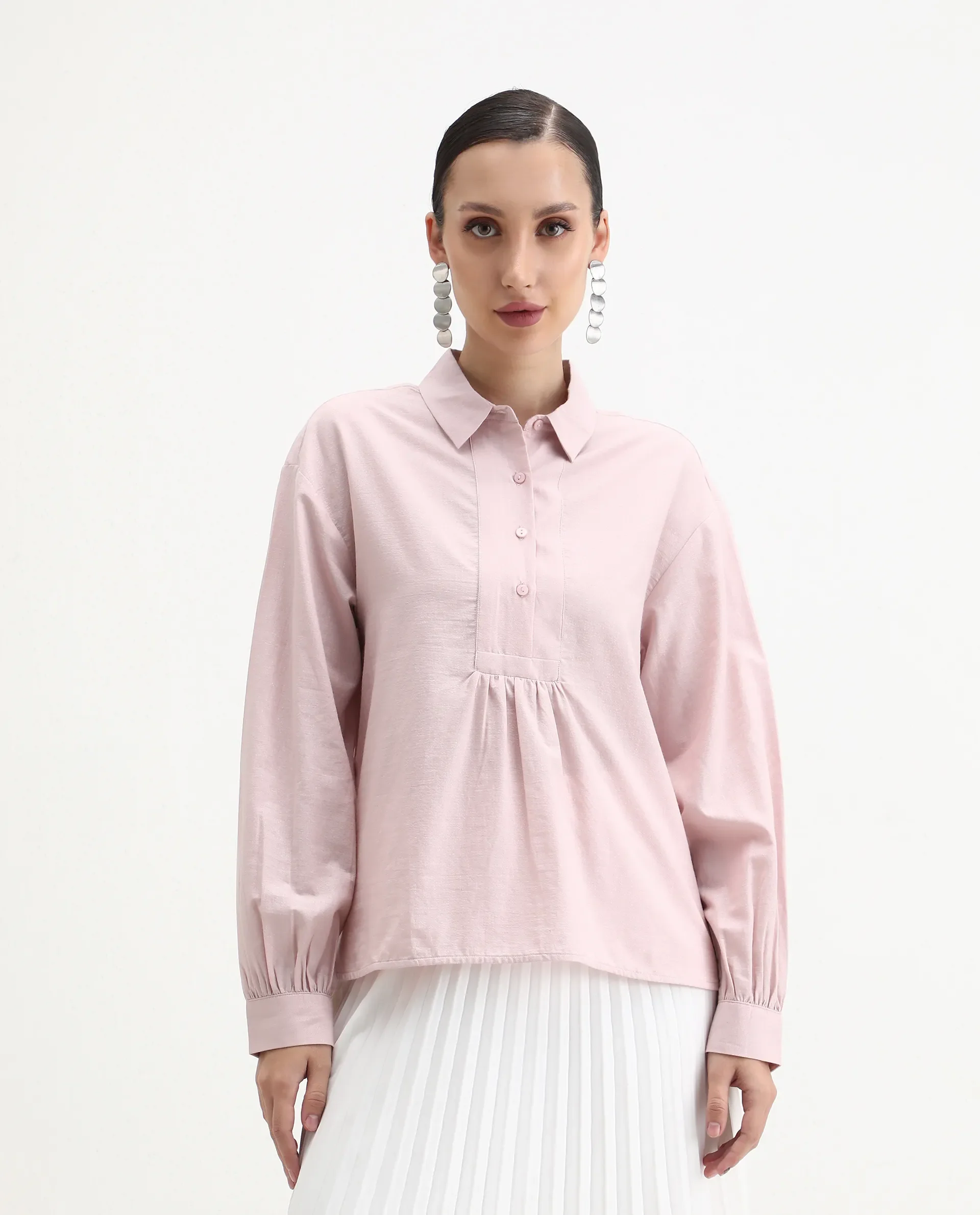 Rareism Women's Netto Pastel Pink Cotton Bishop Sleeve Collared Neck Relaxed Fit Plain Top - Image 4