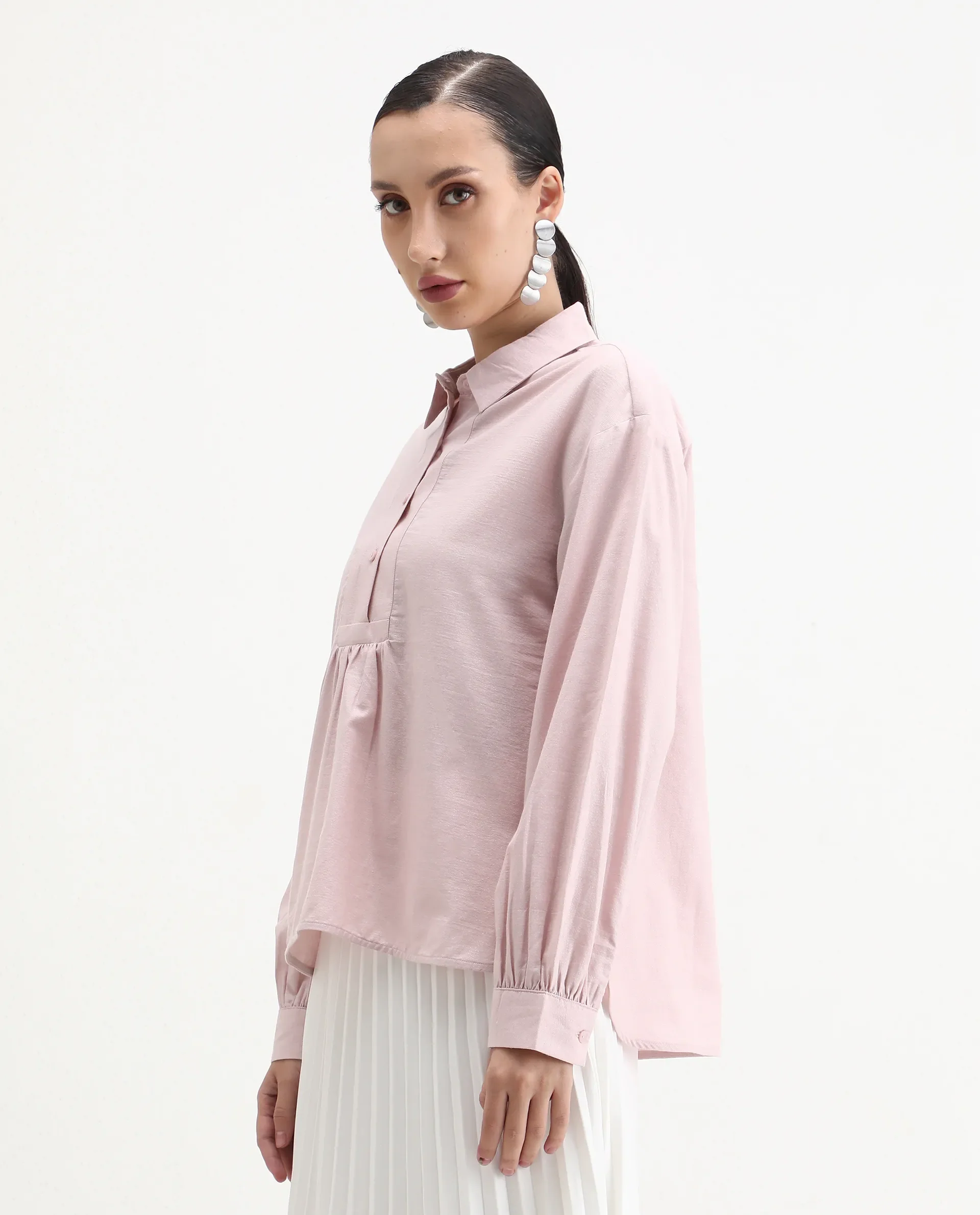 Rareism Women's Netto Pastel Pink Cotton Bishop Sleeve Collared Neck Relaxed Fit Plain Top - Image 5