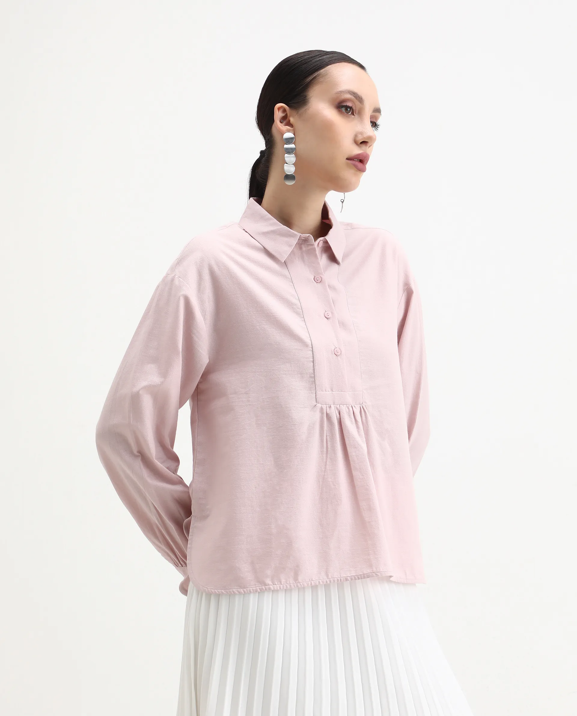 Rareism Women's Netto Pastel Pink Cotton Bishop Sleeve Collared Neck Relaxed Fit Plain Top - Image 6