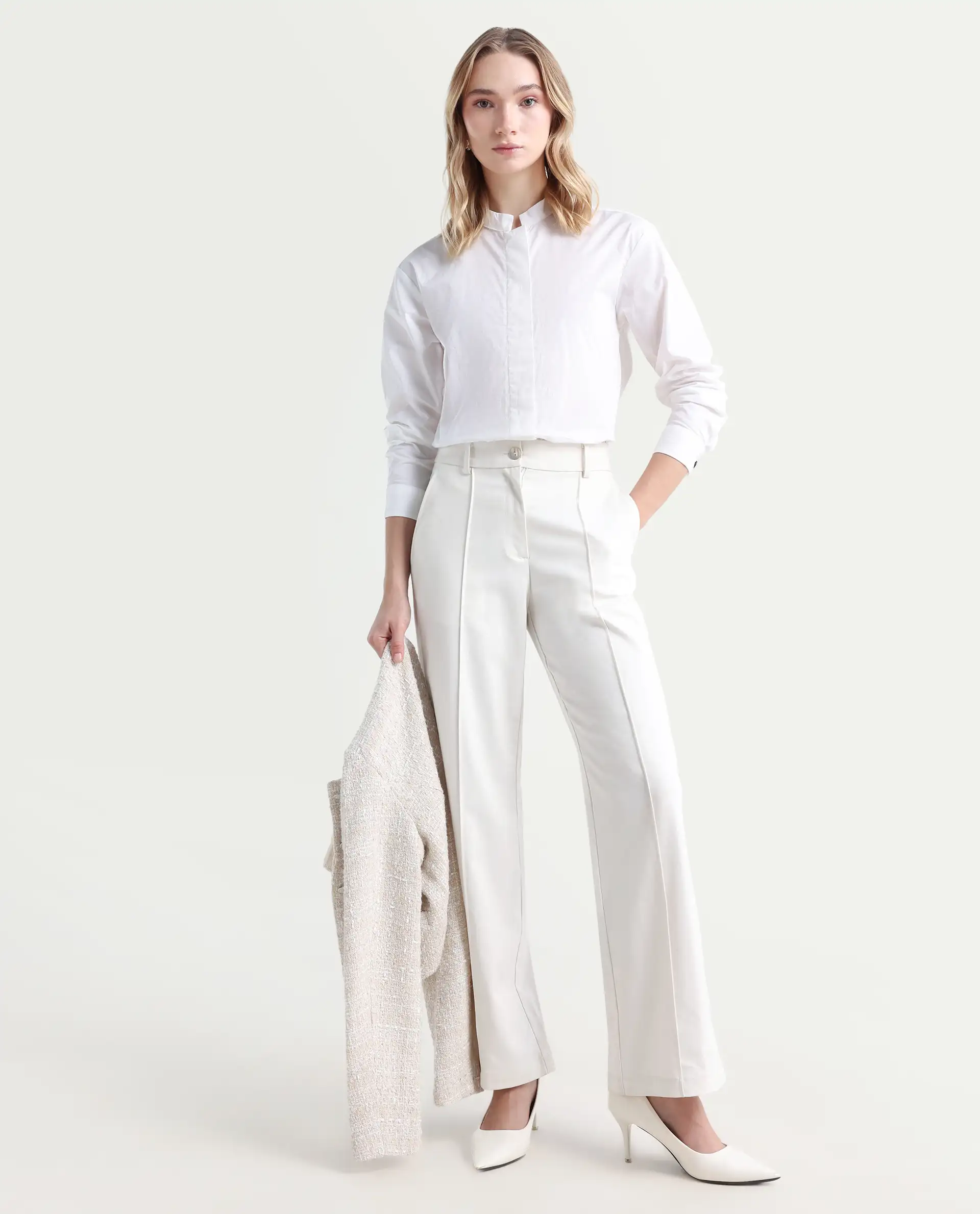 Rareism Women's Neuma White Cotton High Neck Plain Regular Fit Shirt - Image 2