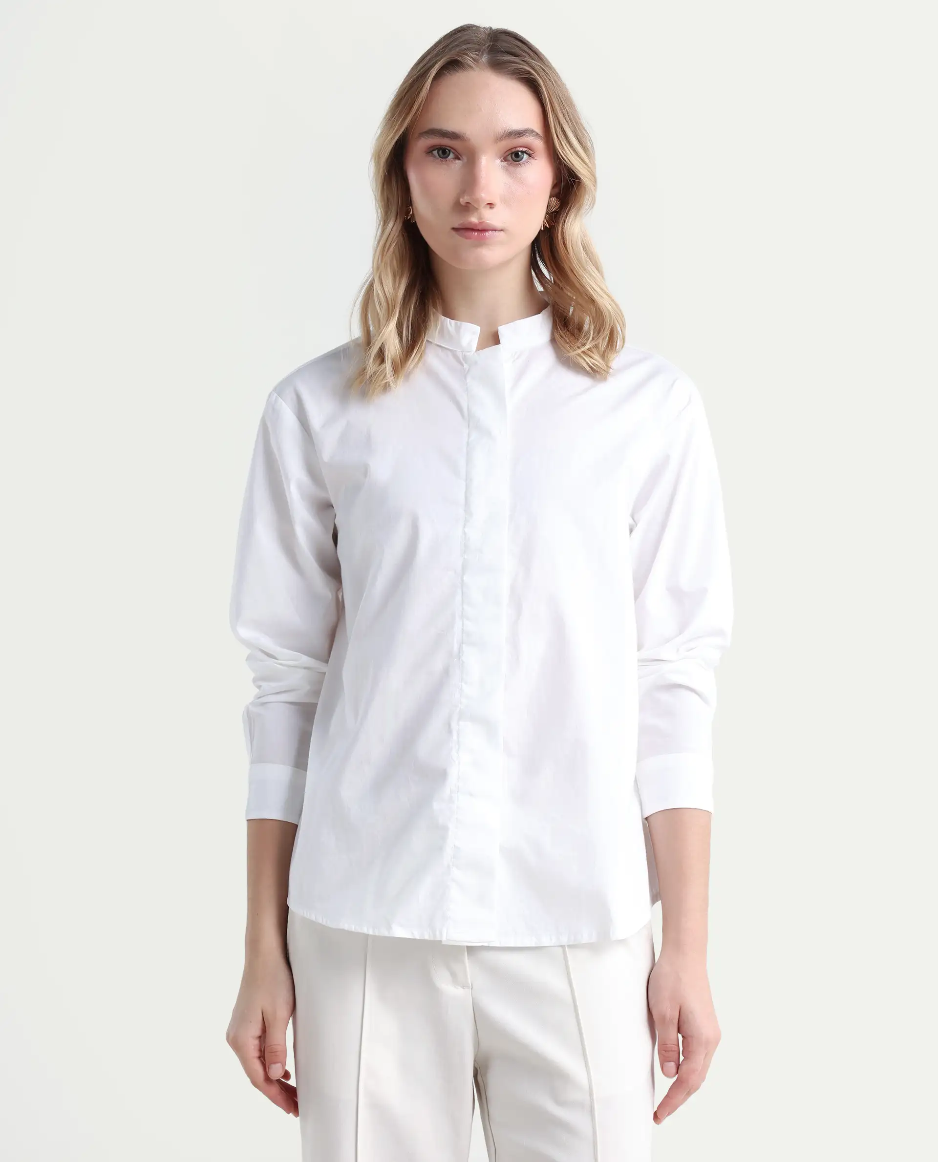 Rareism Women's Neuma White Cotton High Neck Plain Regular Fit Shirt - Image 3