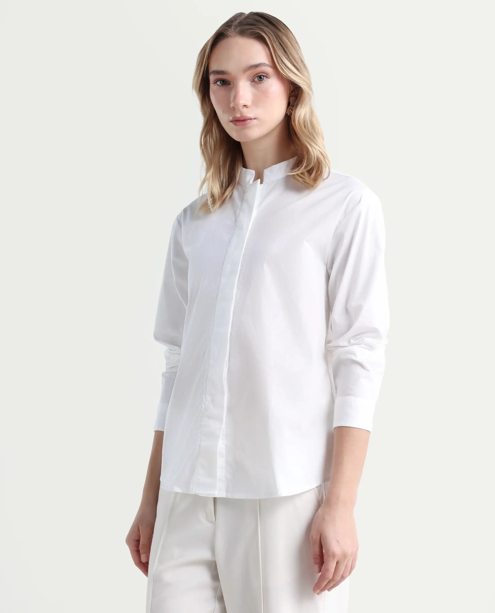 Rareism Women's Neuma White Cotton High Neck Plain Regular Fit Shirt - Image 5