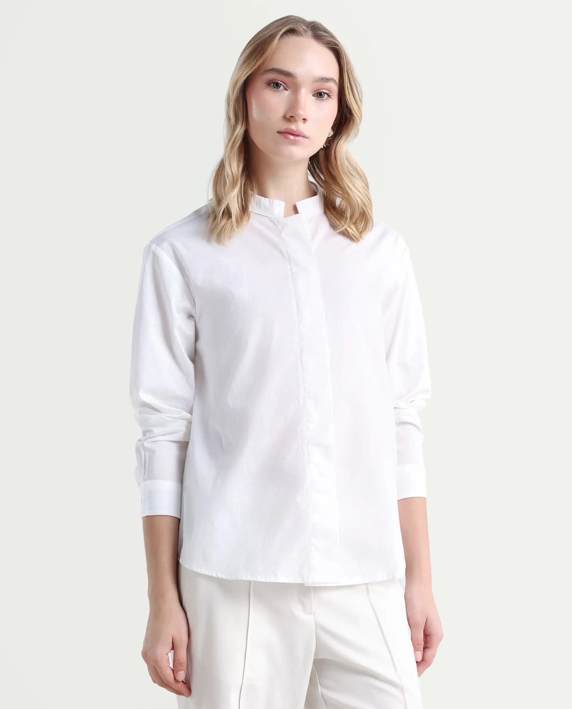 Rareism Women's Neuma White Cotton High Neck Plain Regular Fit Shirt - Image 6