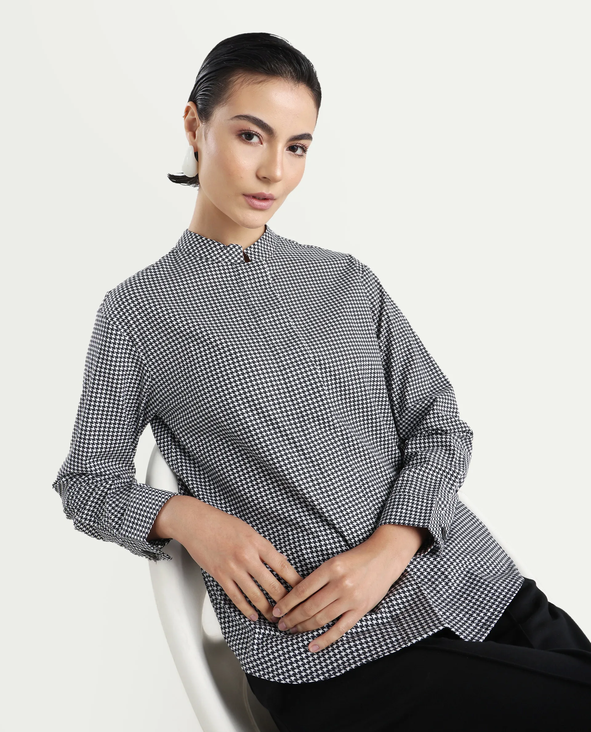 Rareism Women's Neumip Multi Cotton High Neck Houndstooth Print Regular Fit Top - Image 5