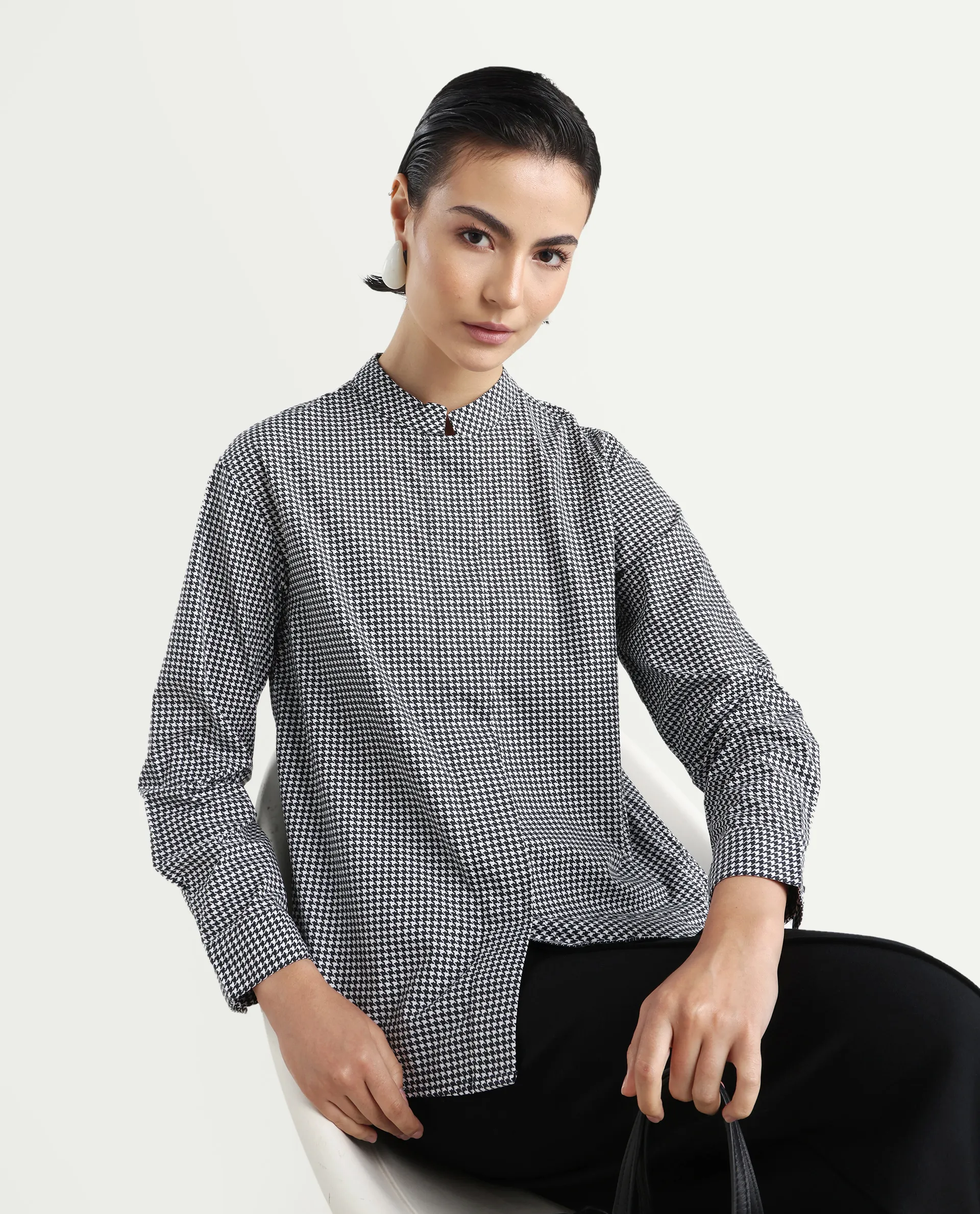 Rareism Women's Neumip Multi Cotton High Neck Houndstooth Print Regular Fit Top - Image 6
