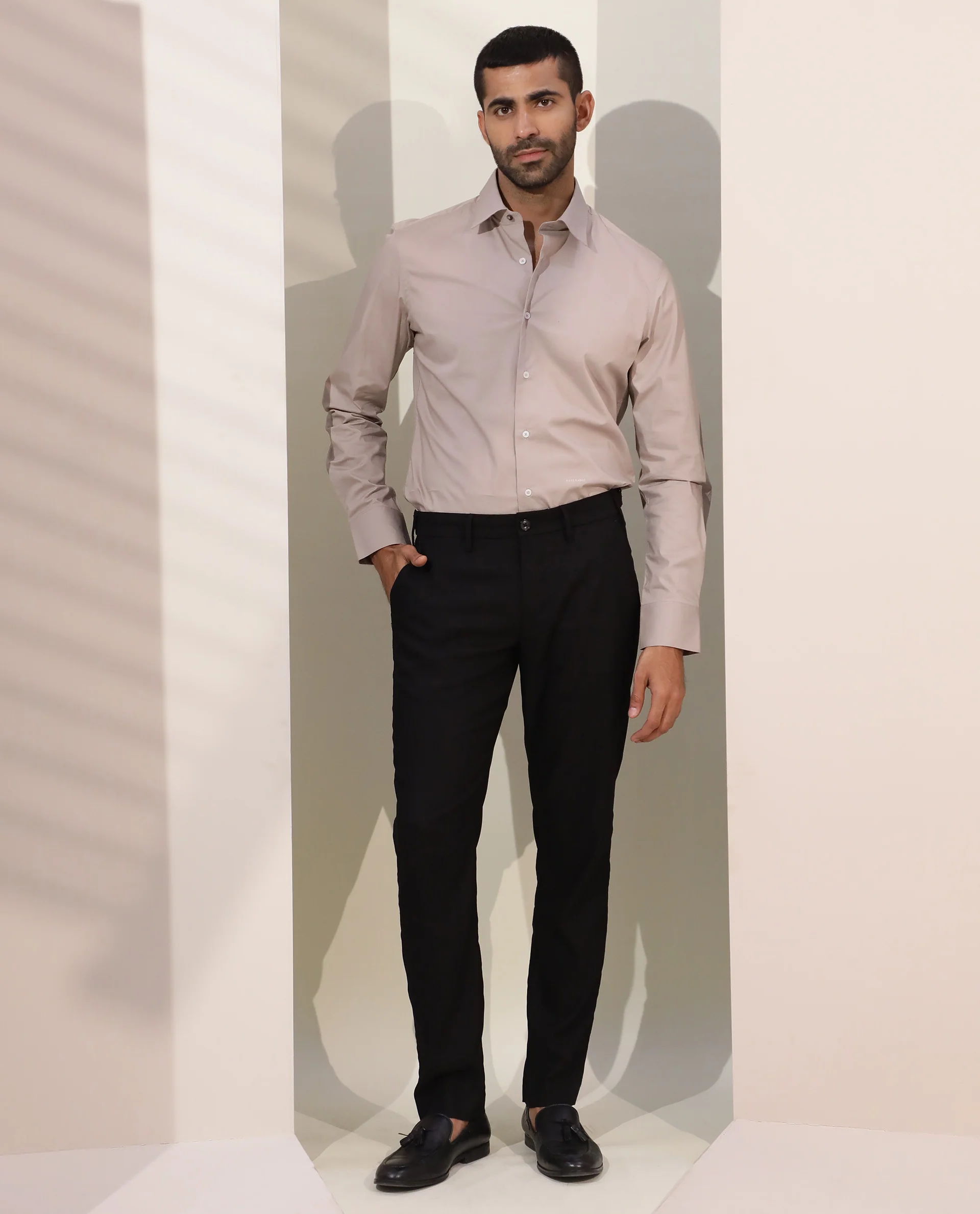 Rare Rabbit Men's Neutons Beige Cotton Plain Regular Fit Full Sleeve Spread Collar Shirt - Image 2
