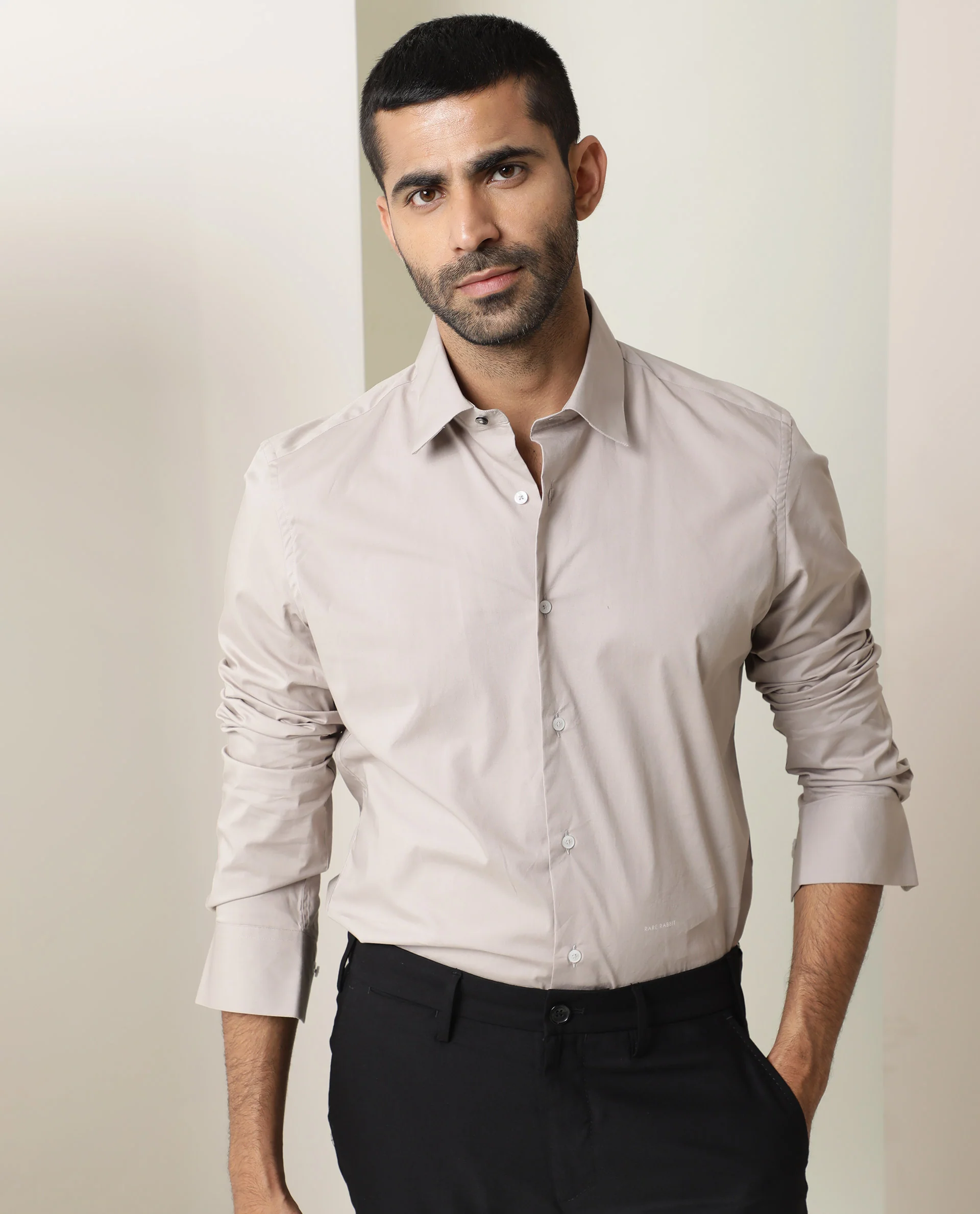 Rare Rabbit Men's Neutons Beige Cotton Plain Regular Fit Full Sleeve Spread Collar Shirt - Image 3