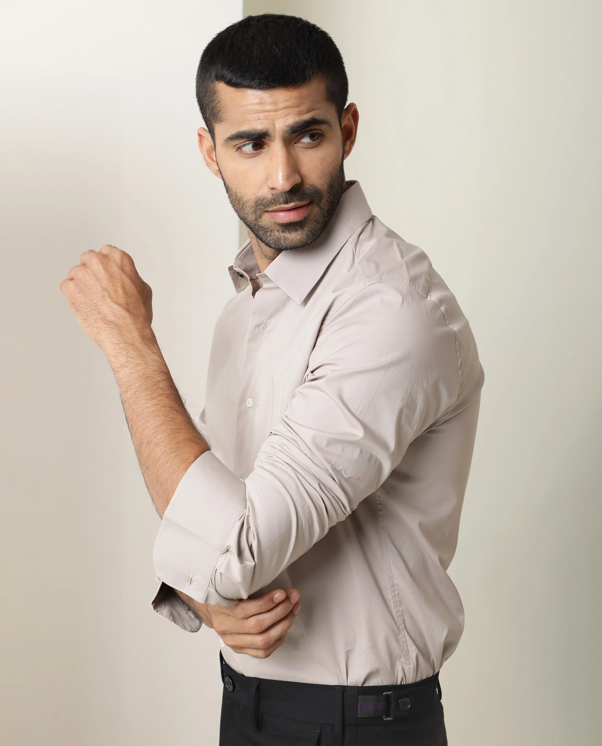 Rare Rabbit Men's Neutons Beige Cotton Plain Regular Fit Full Sleeve Spread Collar Shirt - Image 4