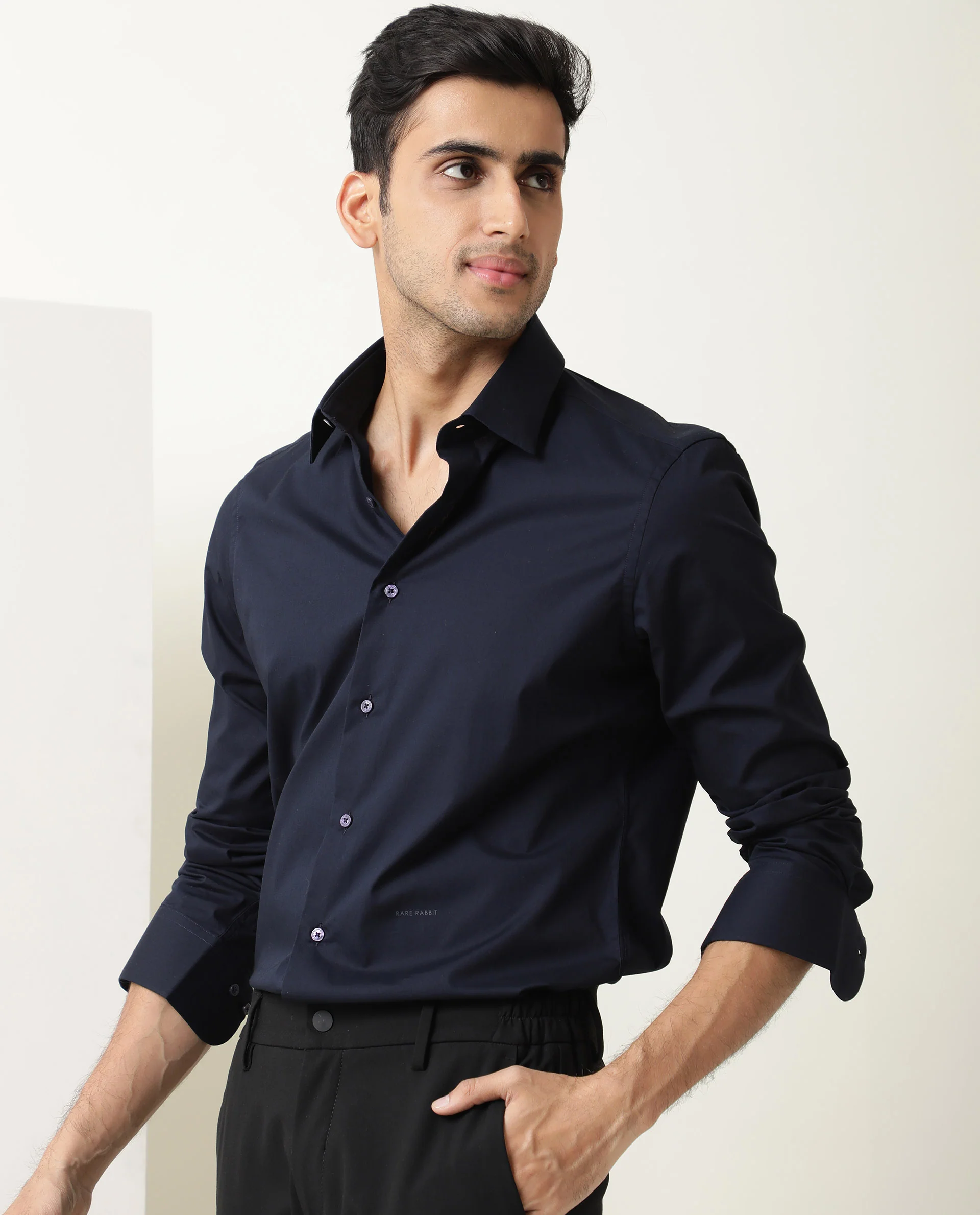Rare Rabbit Men's Neutons Dark Navy Cotton Plain Regular Fit Full Sleeve Spread Collar Shirt