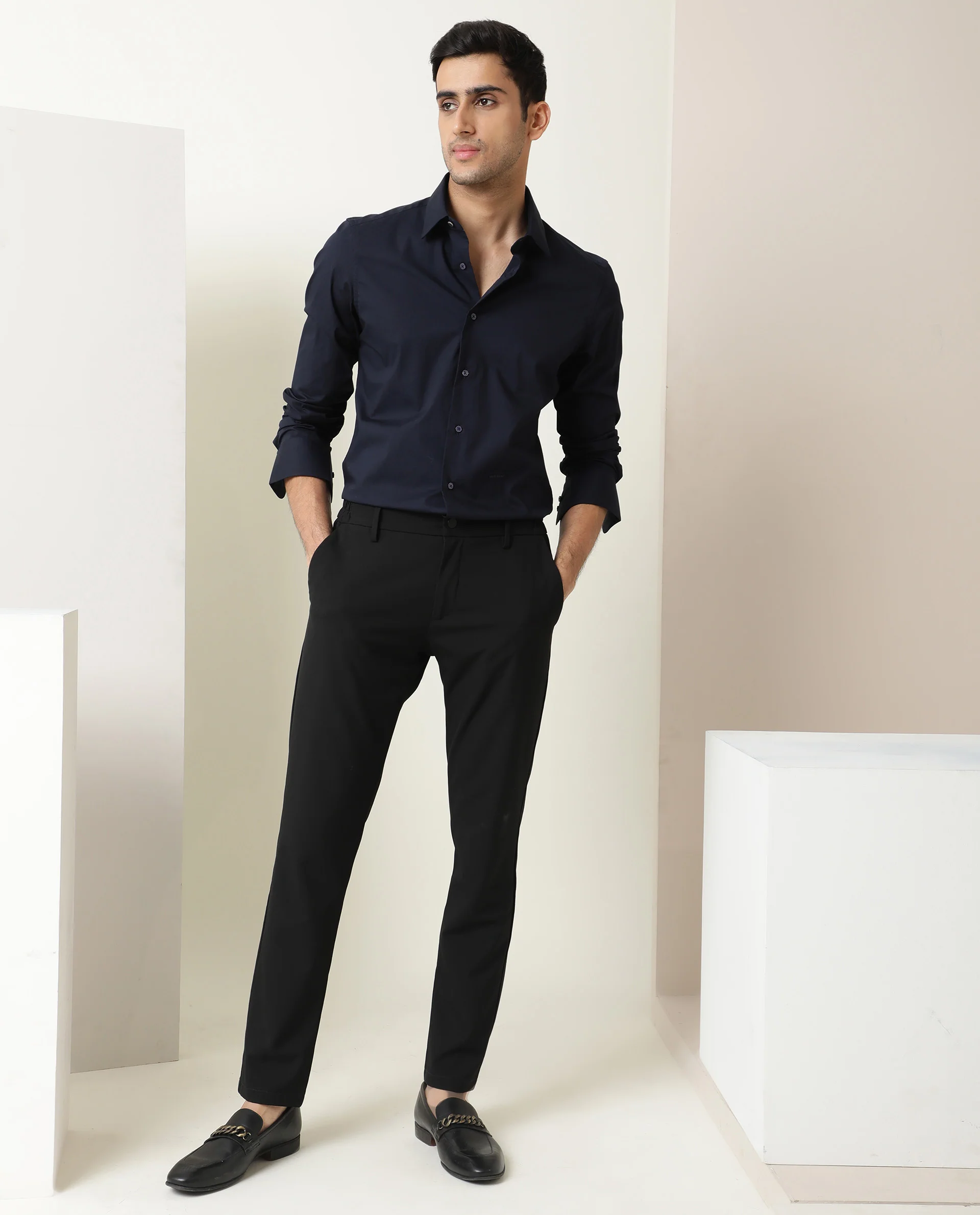 Rare Rabbit Men's Neutons Dark Navy Cotton Plain Regular Fit Full Sleeve Spread Collar Shirt - Image 2
