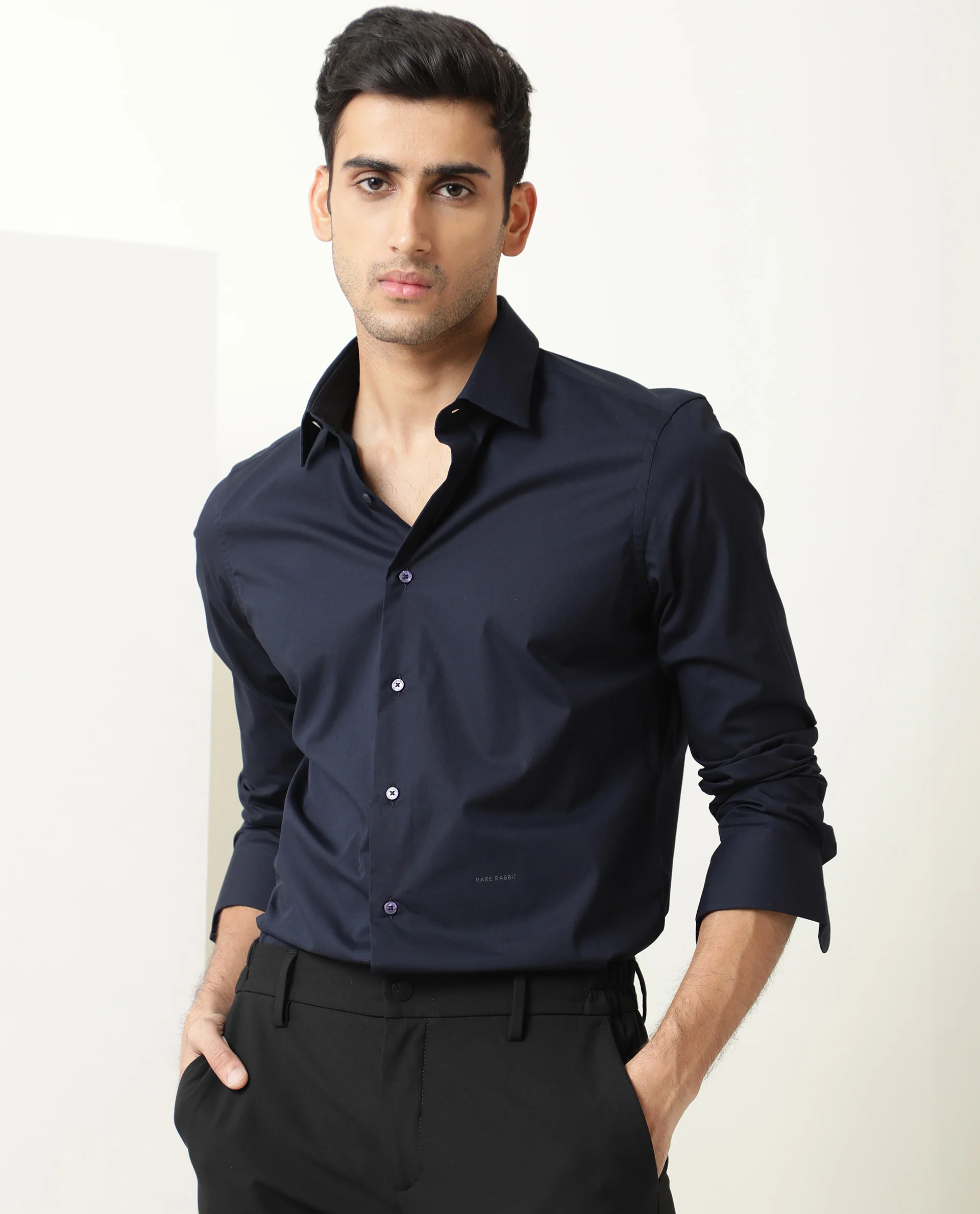 Rare Rabbit Men's Neutons Dark Navy Cotton Plain Regular Fit Full Sleeve Spread Collar Shirt - Image 4
