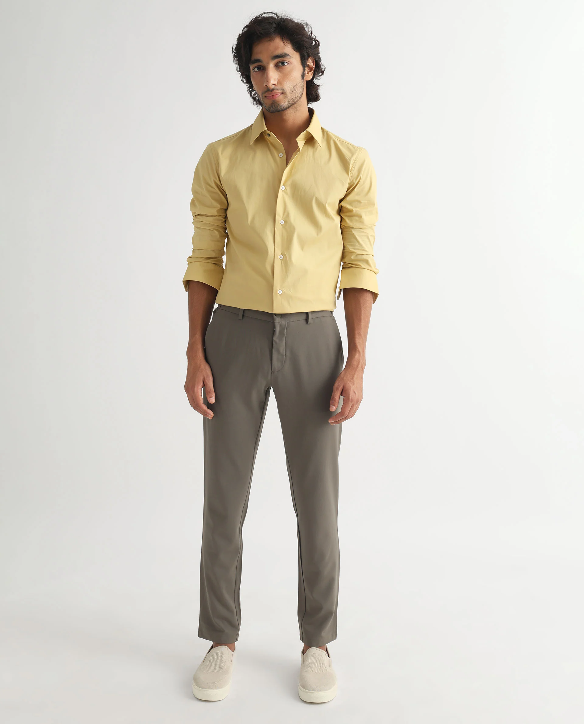 Rare Rabbit Men's Neutons Light Yellow Cotton Plain Regular Fit Full Sleeve Collared Shirt - Image 2