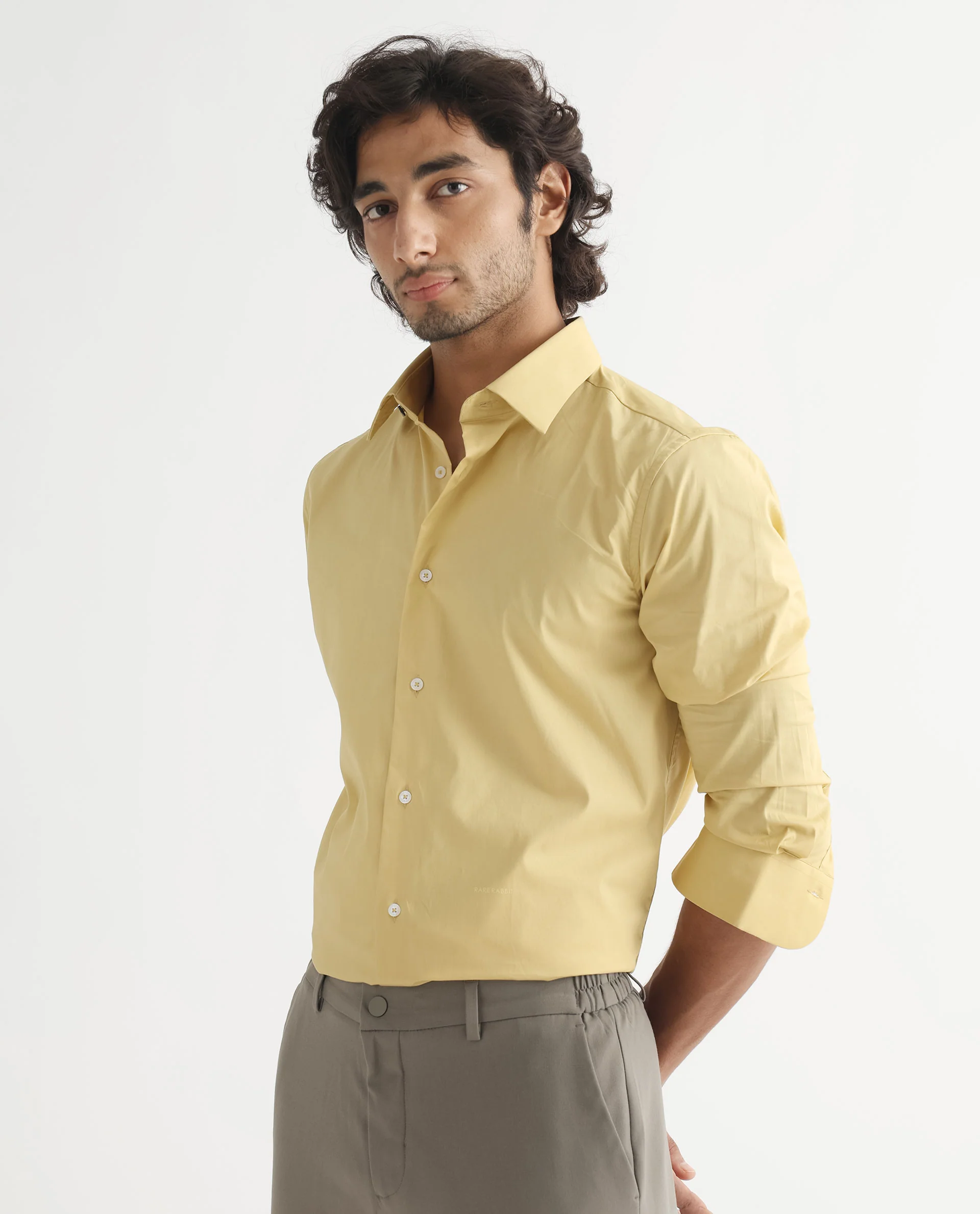 Rare Rabbit Men's Neutons Light Yellow Cotton Plain Regular Fit Full Sleeve Collared Shirt - Image 3