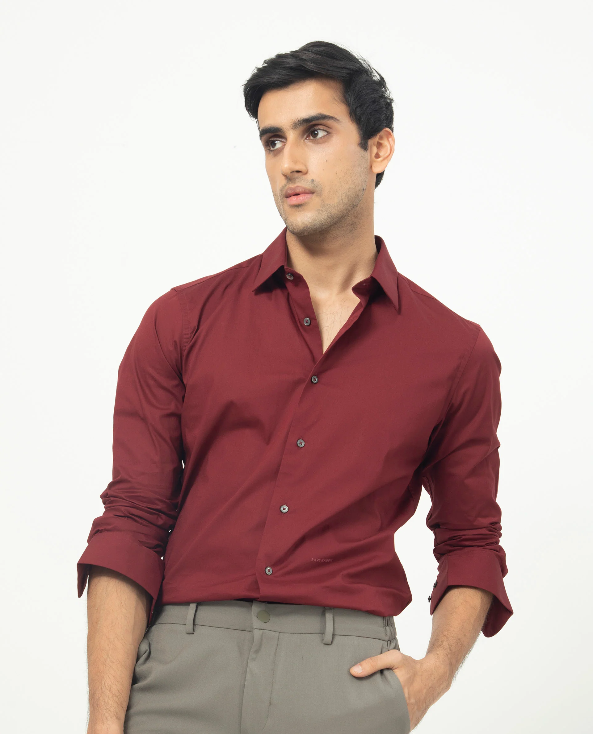 Rare Rabbit Men's Neutons Maroon Cotton Plain Regular Fit Full Sleeve Collared Shirt - Image 3