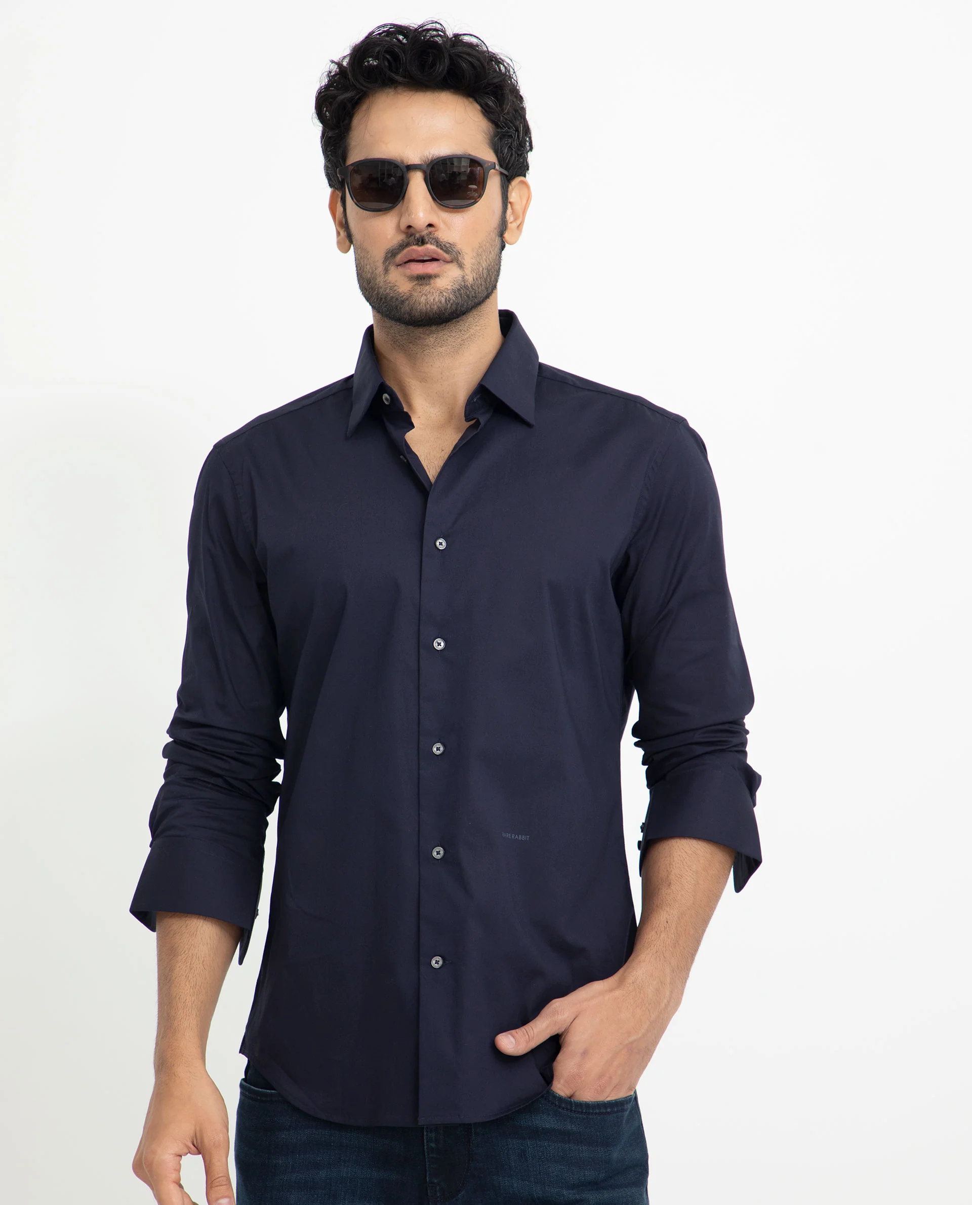Rare Rabbit Men's Neutons Navy Cotton Plain Regular Fit Full Sleeve Collared Shirt - Image 5