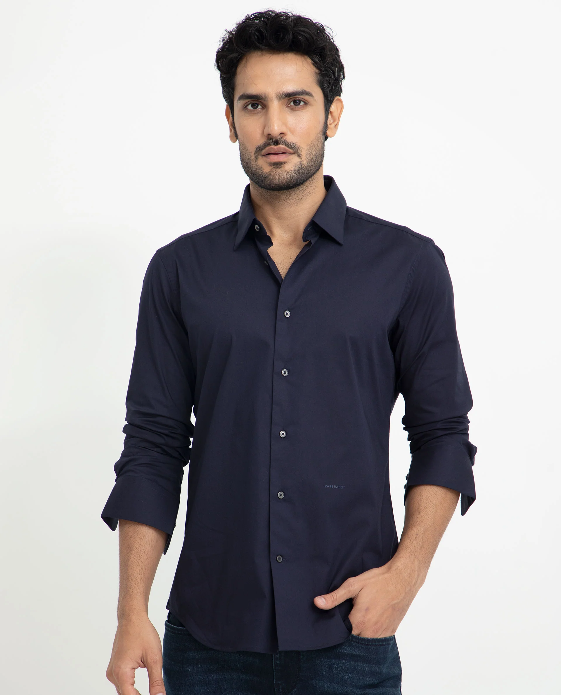 Rare Rabbit Men's Neutons Navy Cotton Plain Regular Fit Full Sleeve Collared Shirt - Image 8