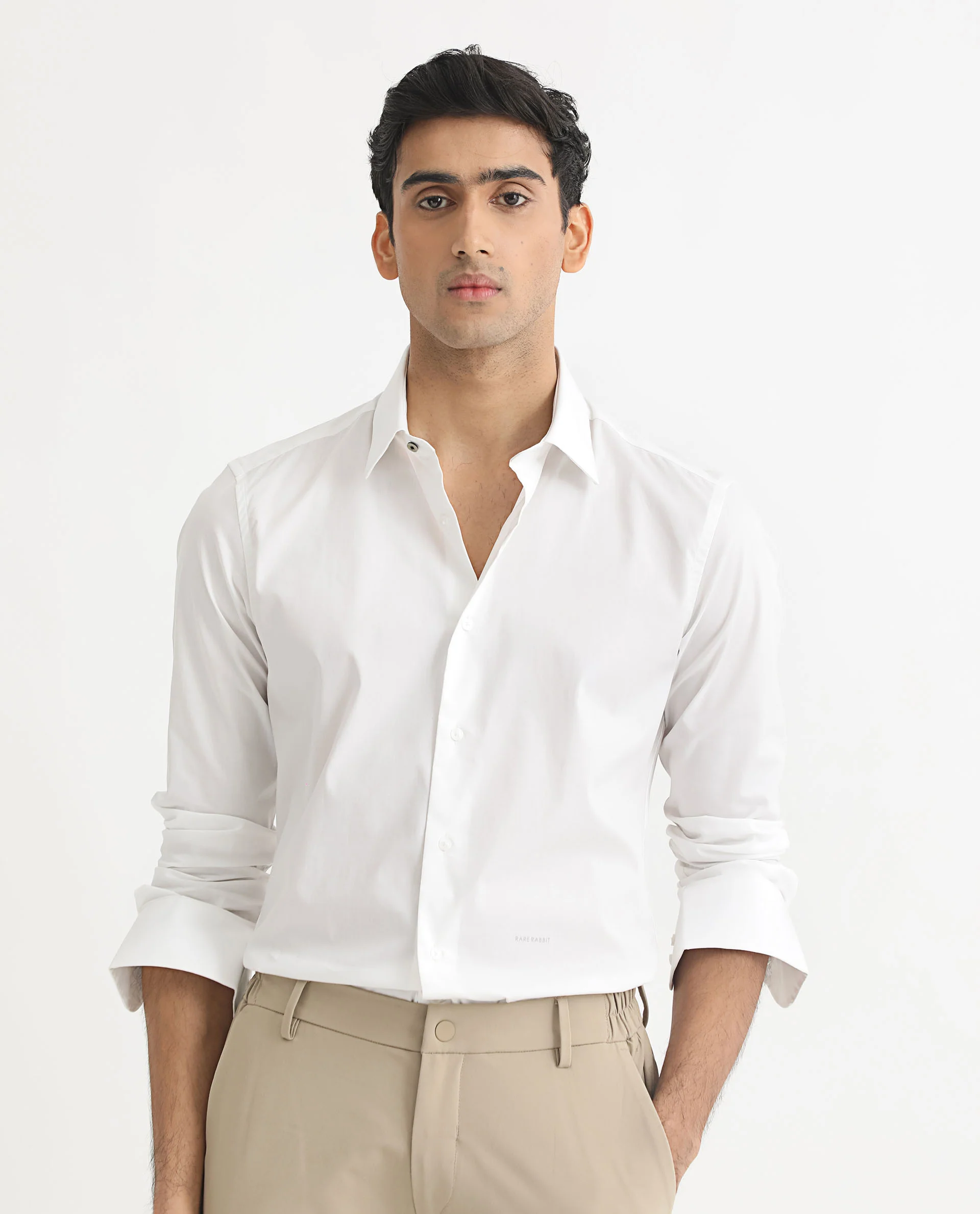 Rare Rabbit Men's Neutons White Cotton Plain Regular Fit Full Sleeve Collared Shirt
