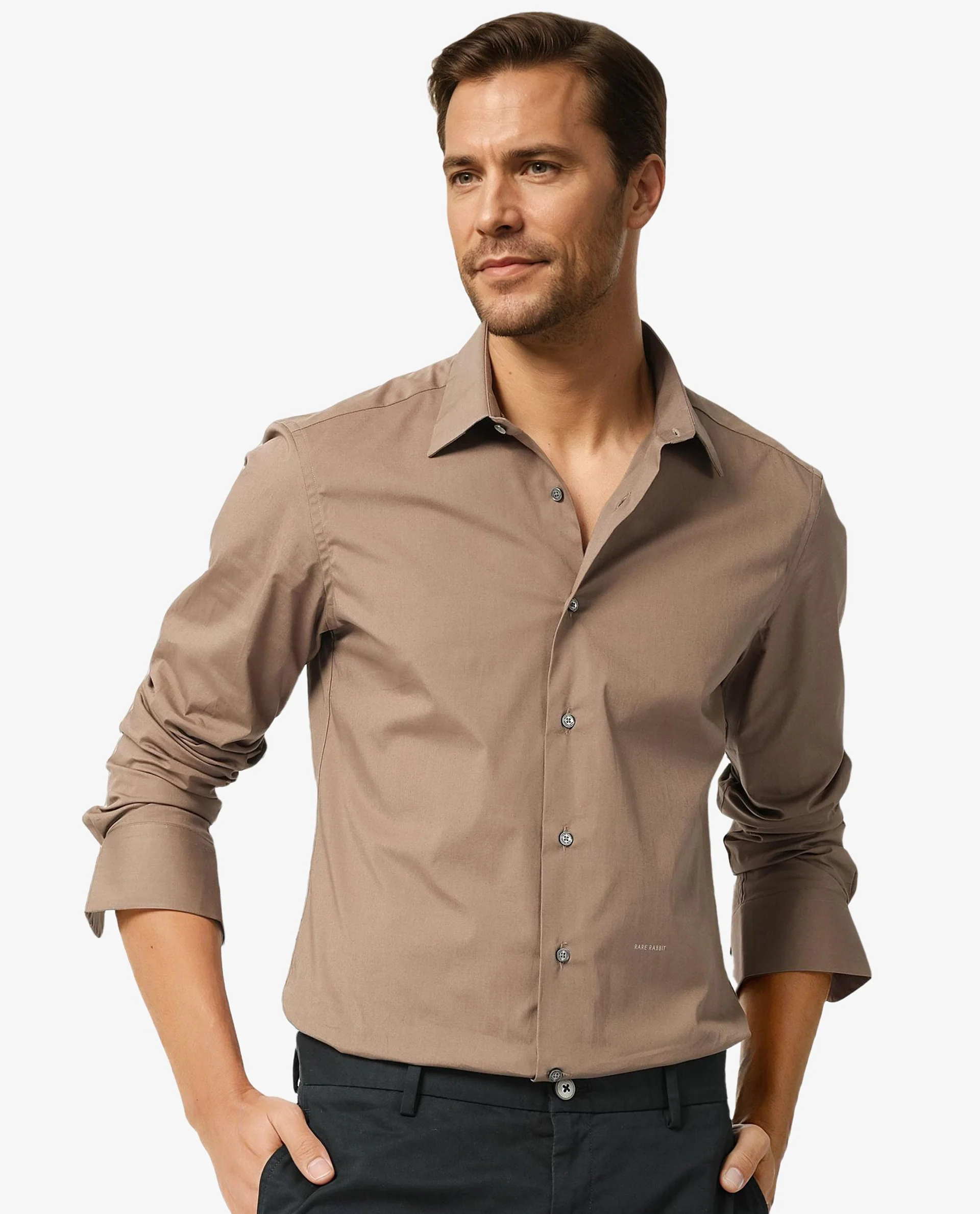 Rare Rabbit Men's Neutonss Brown Cotton Plain Regular Fit Full Sleeve Collared Shirt