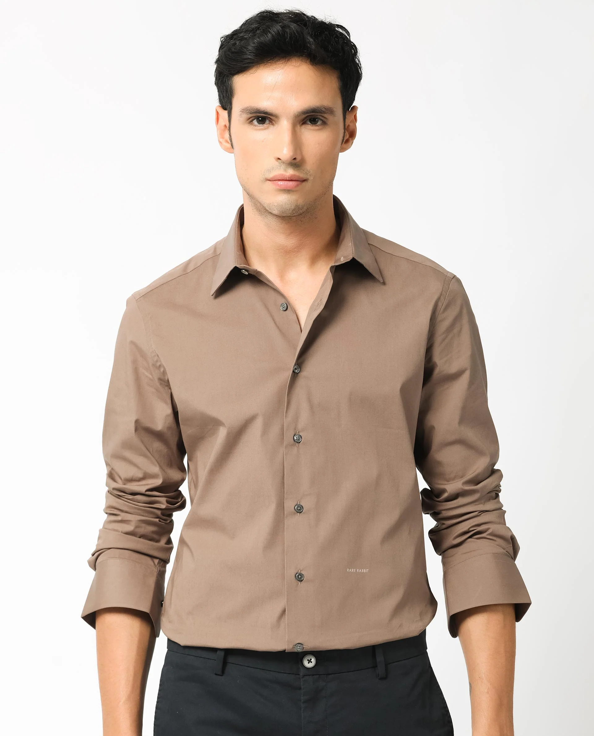 Rare Rabbit Men's Neutonss Brown Cotton Plain Regular Fit Full Sleeve Collared Shirt - Image 4