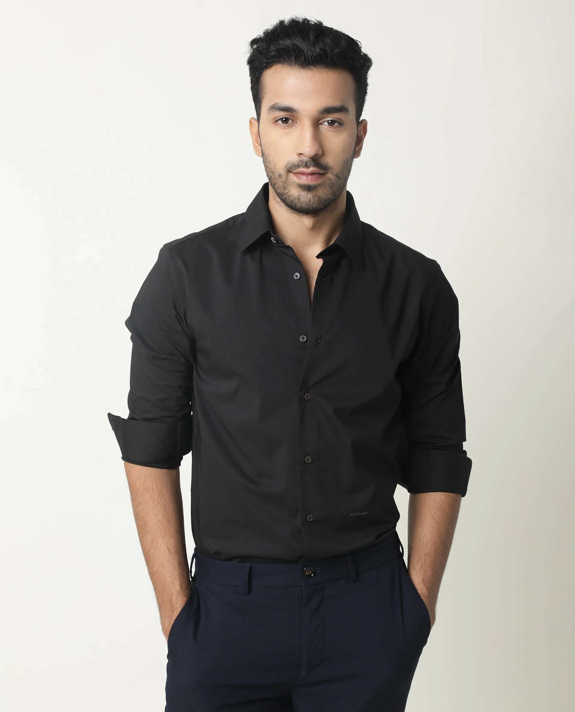 Rare Rabbit Men's Neutro Ls Black Polyester Plain Regular Fit Full Sleeve Collared Shirt - Image 2