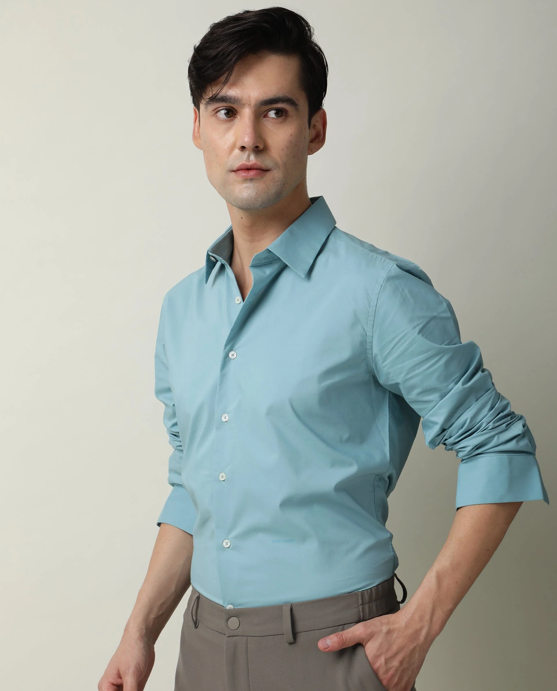 Rare Rabbit Men's Neutro Ls Blue Cotton Plain Regular Fit Full Sleeve Spread Collar Shirt