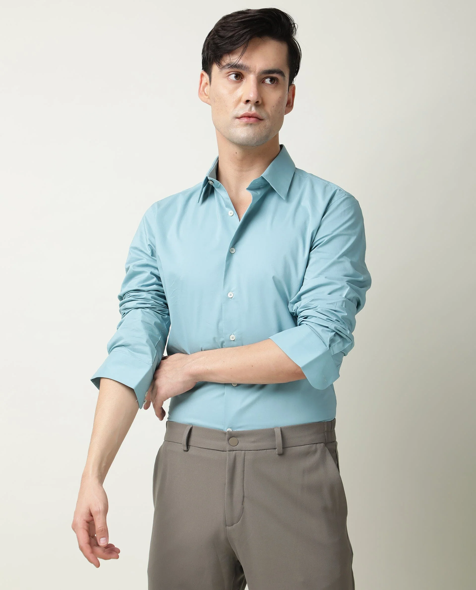 Rare Rabbit Men's Neutro Ls Blue Cotton Plain Regular Fit Full Sleeve Spread Collar Shirt - Image 3