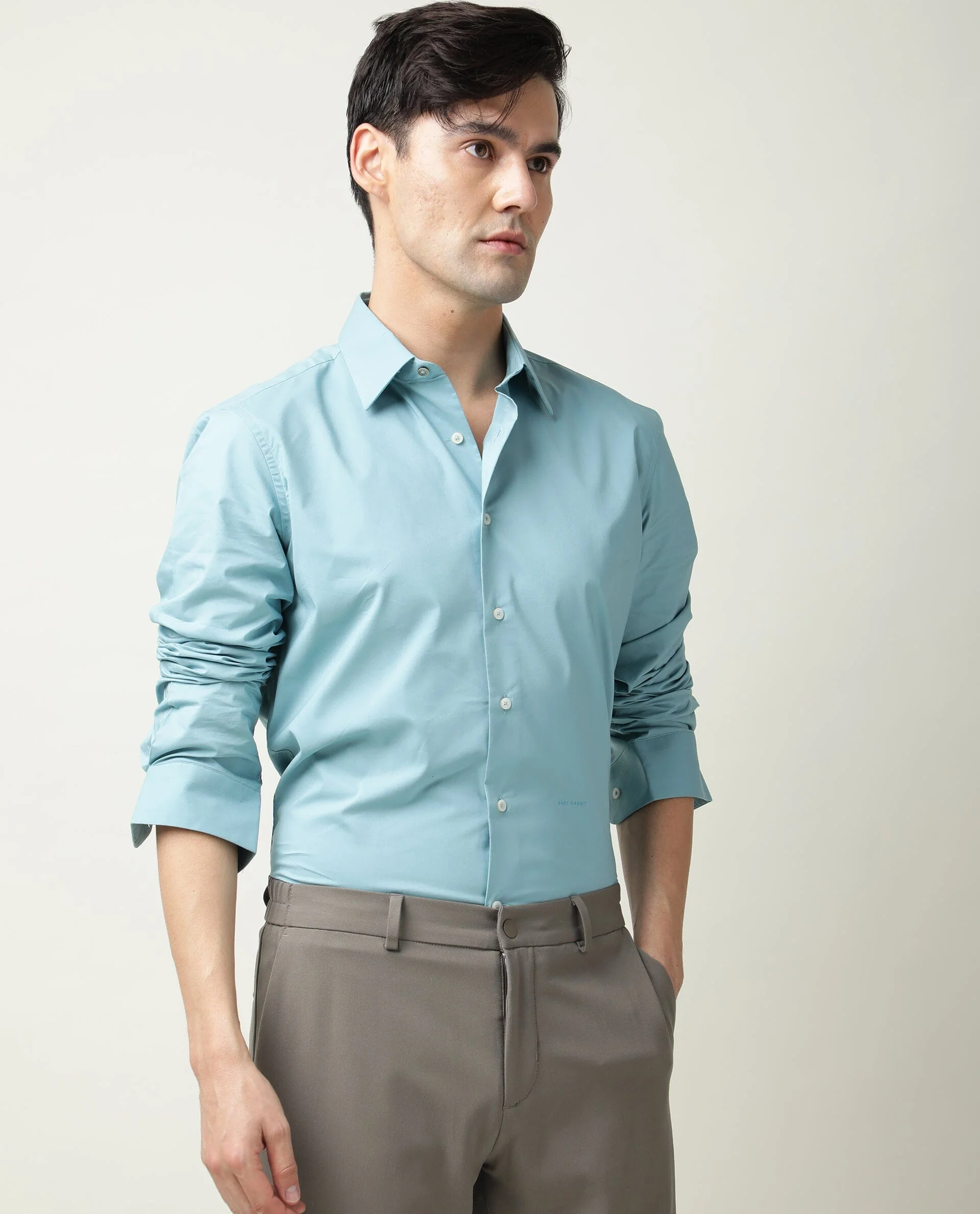 Rare Rabbit Men's Neutro Ls Blue Cotton Plain Regular Fit Full Sleeve Spread Collar Shirt - Image 4