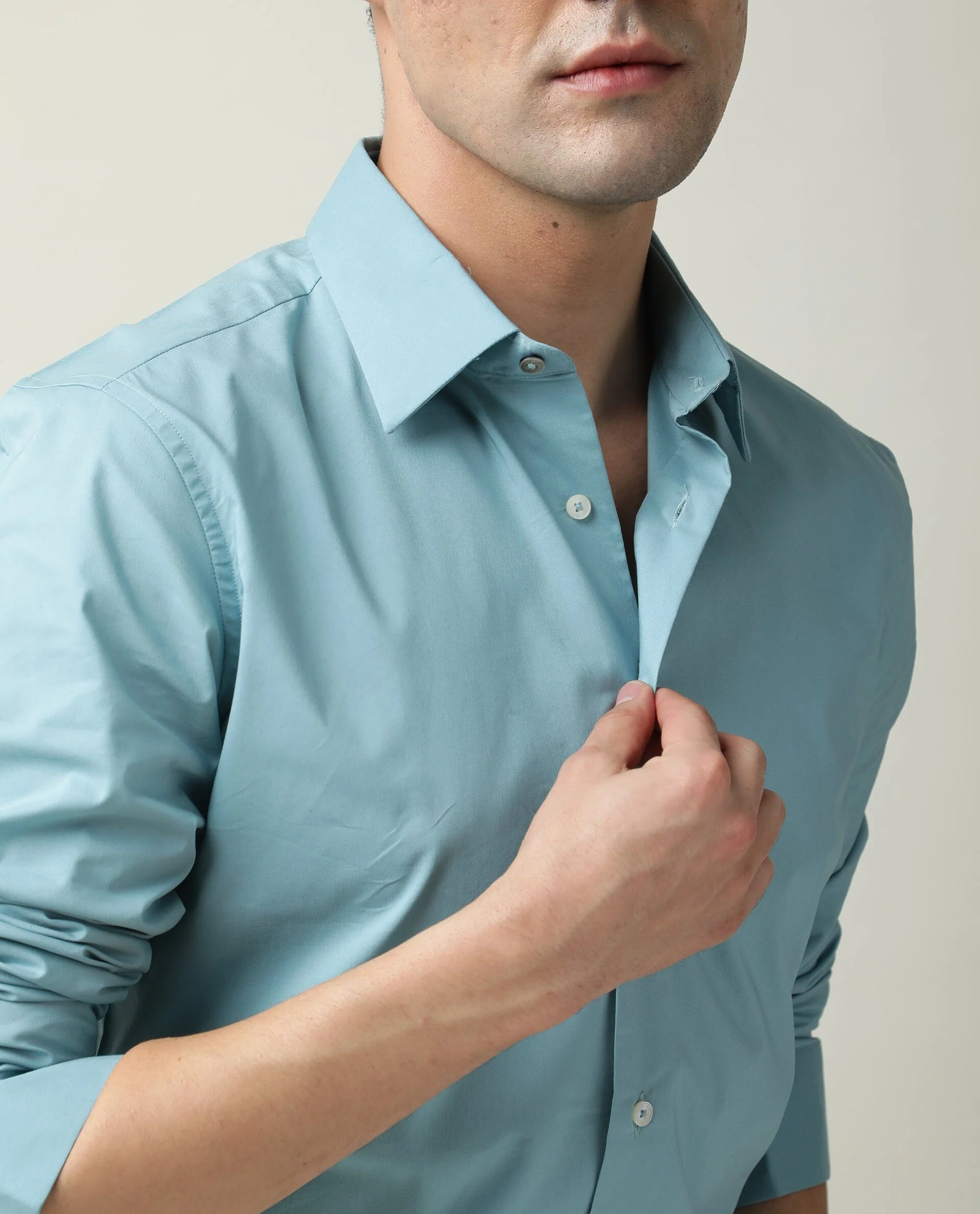 Rare Rabbit Men's Neutro Ls Blue Cotton Plain Regular Fit Full Sleeve Spread Collar Shirt - Image 5