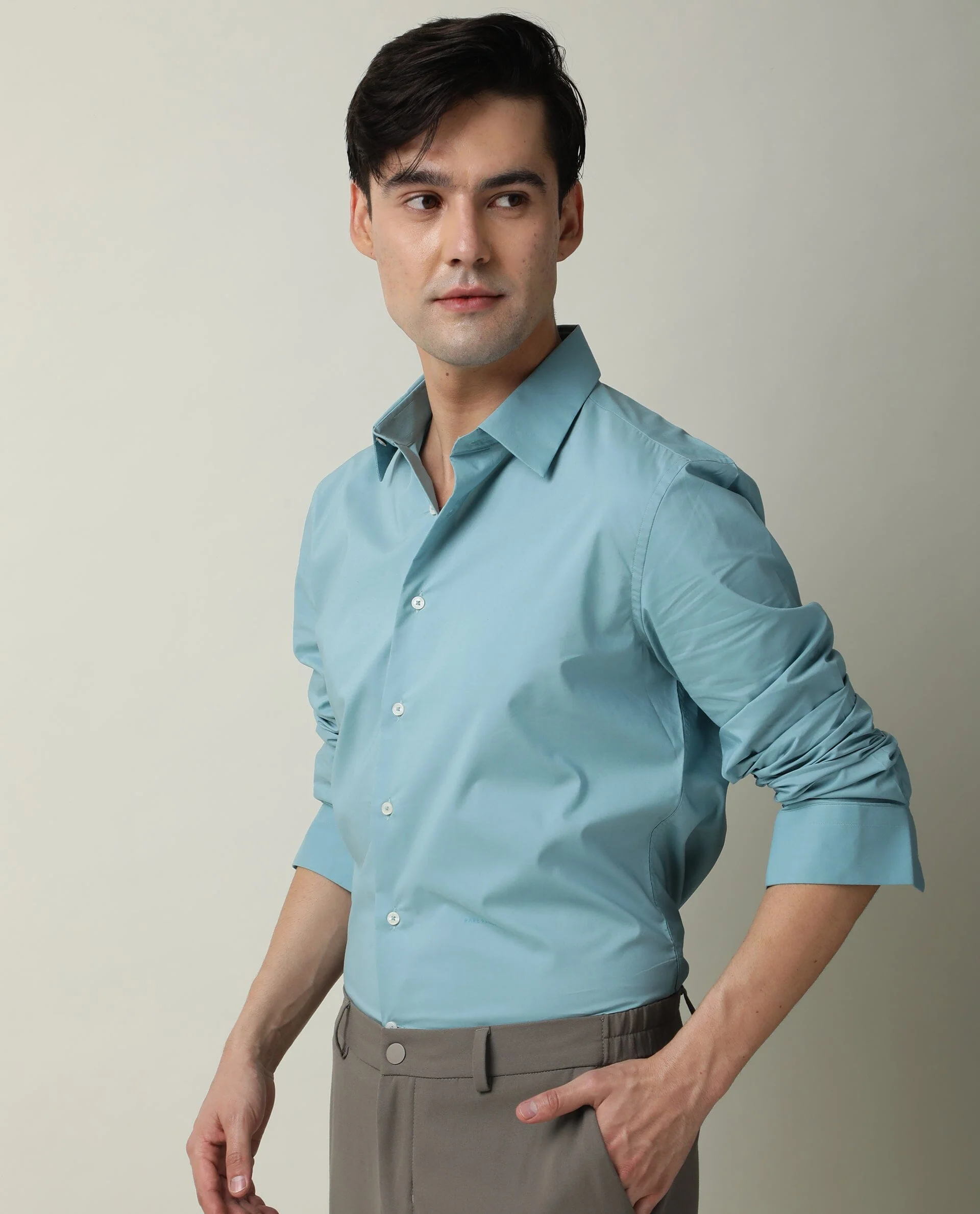 Rare Rabbit Men's Neutro Ls Blue Cotton Plain Regular Fit Full Sleeve Spread Collar Shirt - Image 6