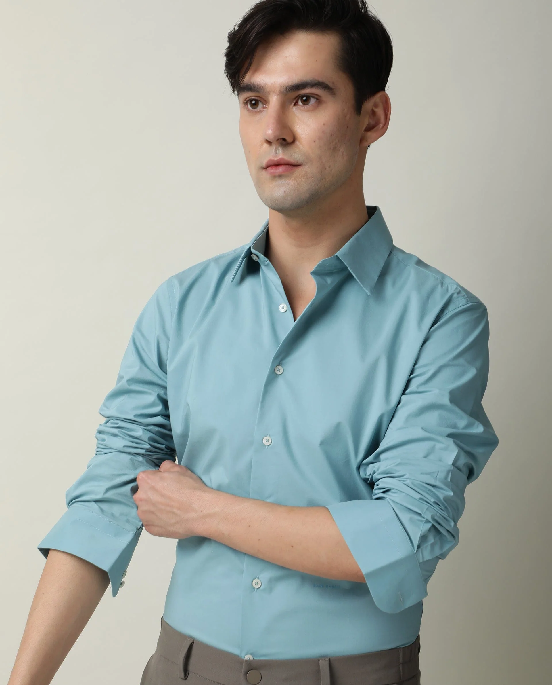 Rare Rabbit Men's Neutro Ls Blue Cotton Plain Regular Fit Full Sleeve Spread Collar Shirt - Image 7