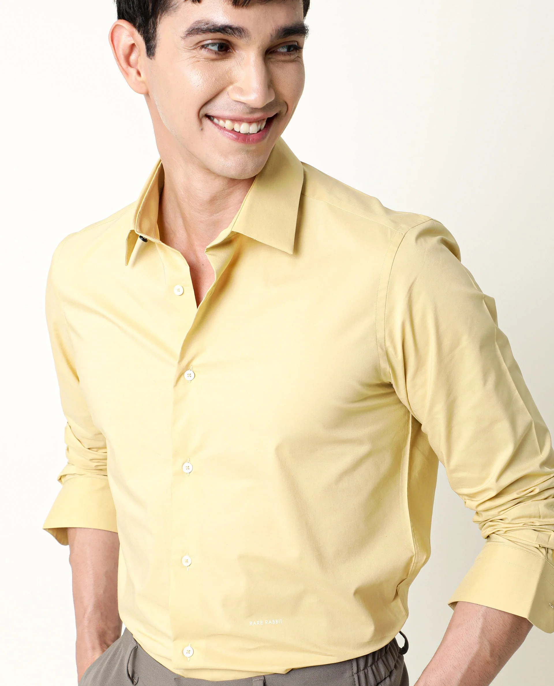 Rare Rabbit Men's Neutro Ls Mustard Cotton Plain Tailored Fit Full Sleeve Collared Shirt - Image 3